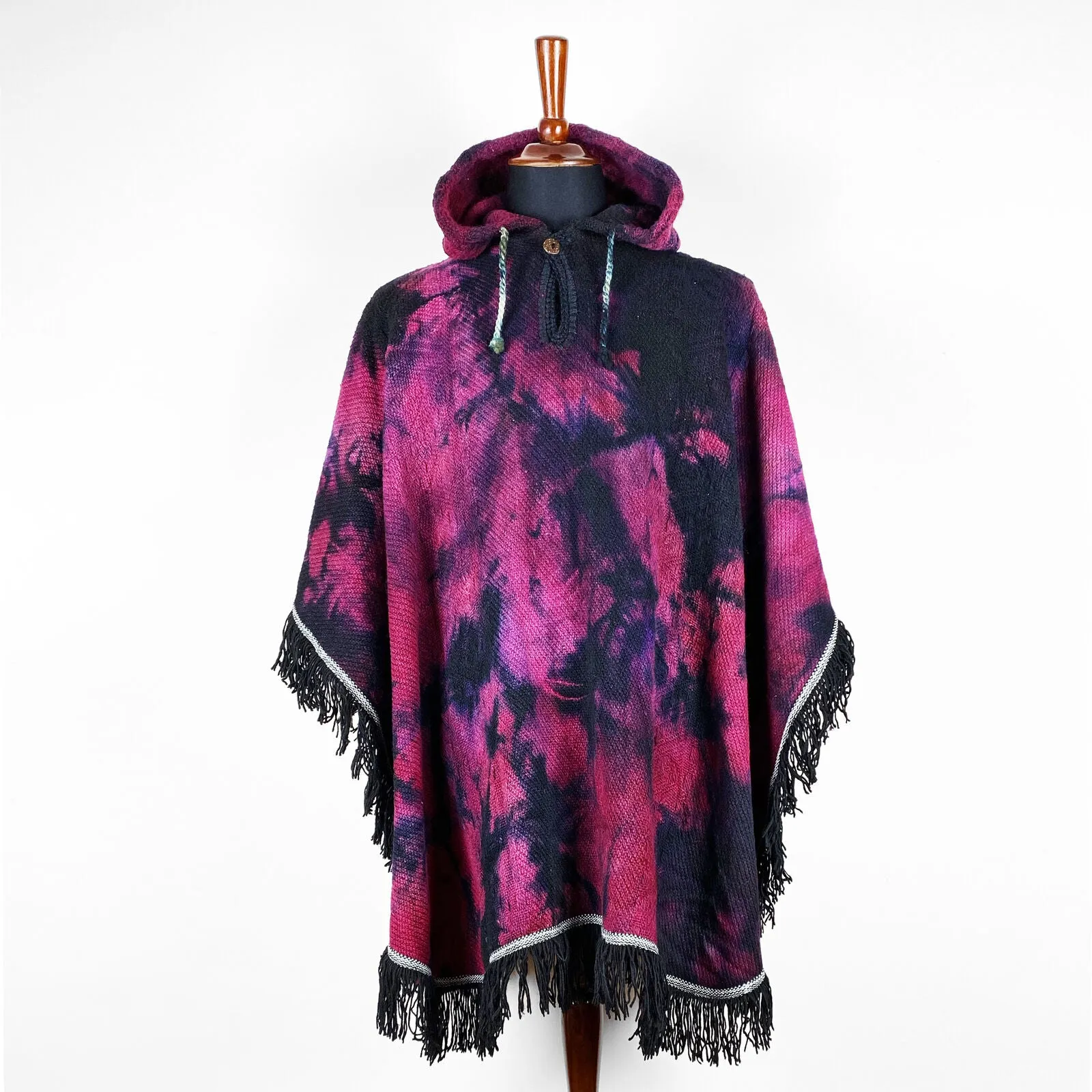 Llama Wool Unisex South American Handwoven Hooded Poncho - black/purple/blue/red abstract pattern