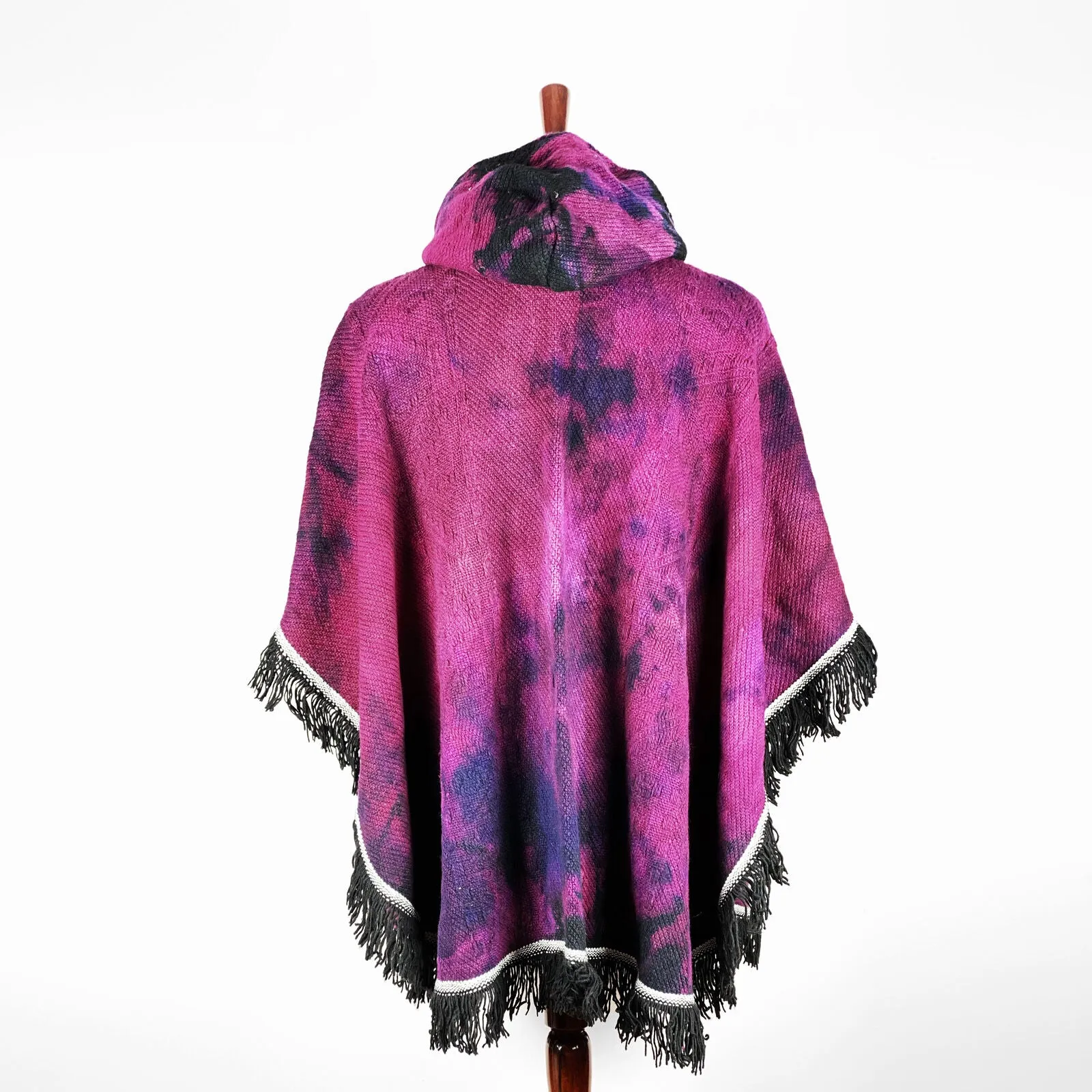 Llama Wool Unisex South American Handwoven Hooded Poncho - black/purple/blue/red abstract pattern