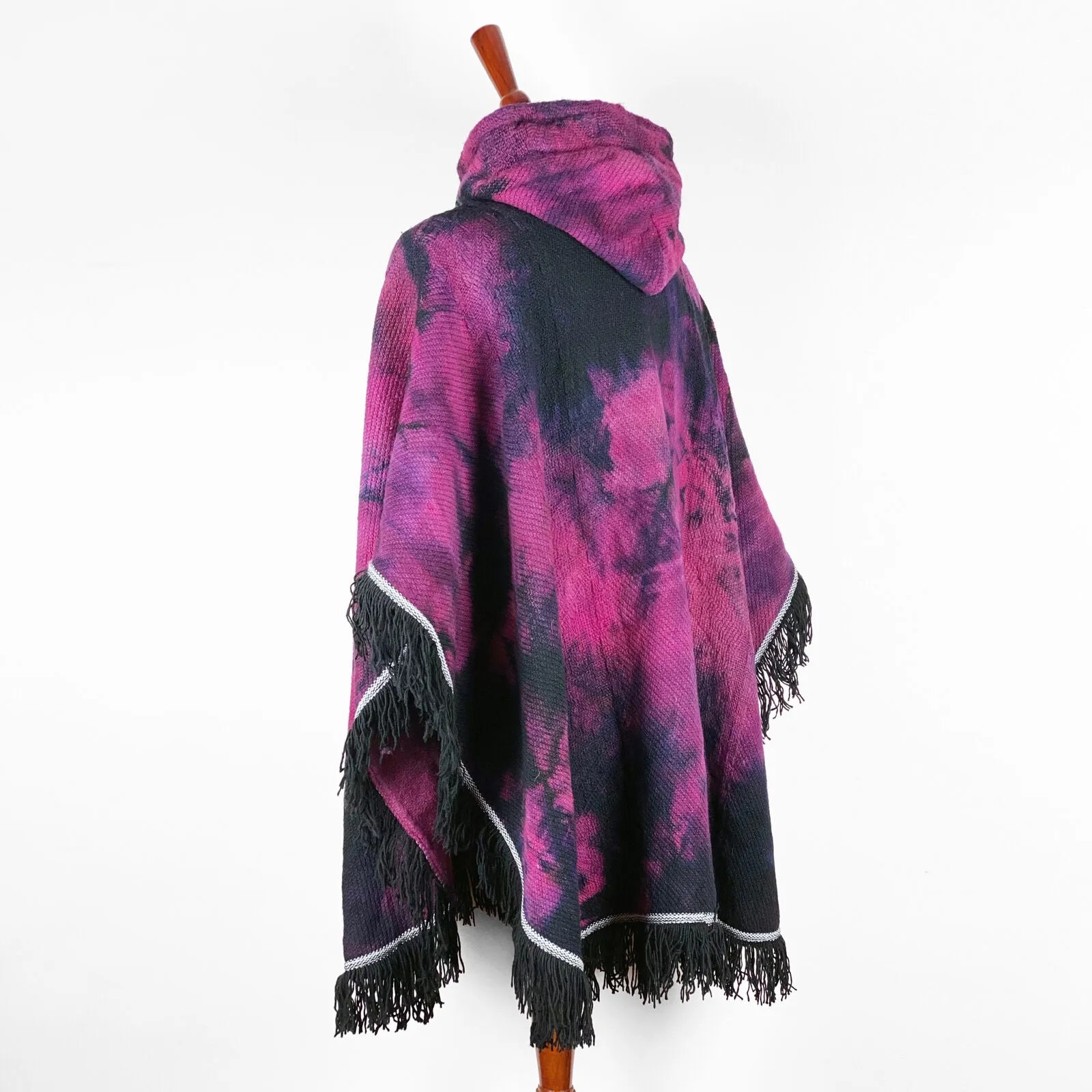 Llama Wool Unisex South American Handwoven Hooded Poncho - black/purple/blue/red abstract pattern