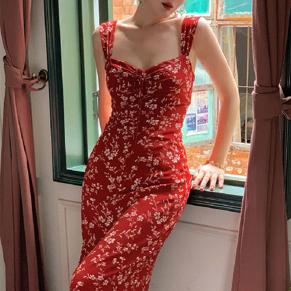 Long Floral Neck Waist Slip Dress