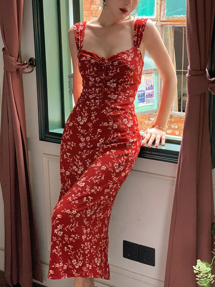 Long Floral Neck Waist Slip Dress