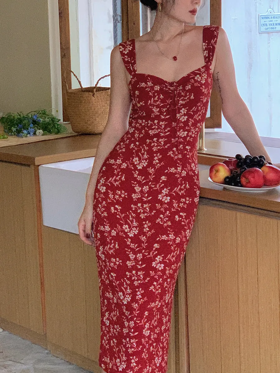 Long Floral Neck Waist Slip Dress