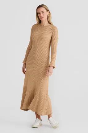 Long Sleeve Rib Knit Dress - Sandstone