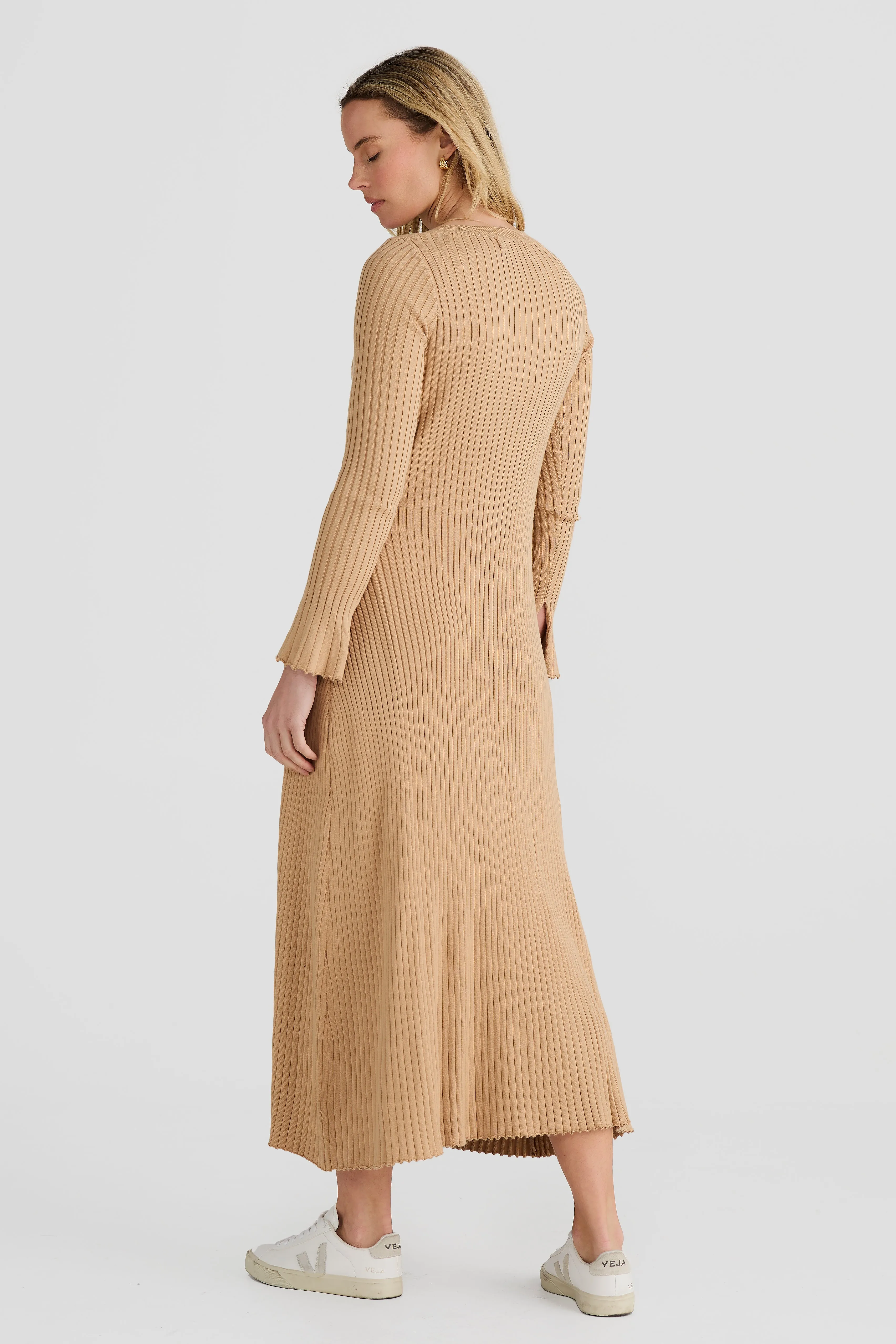 Long Sleeve Rib Knit Dress - Sandstone