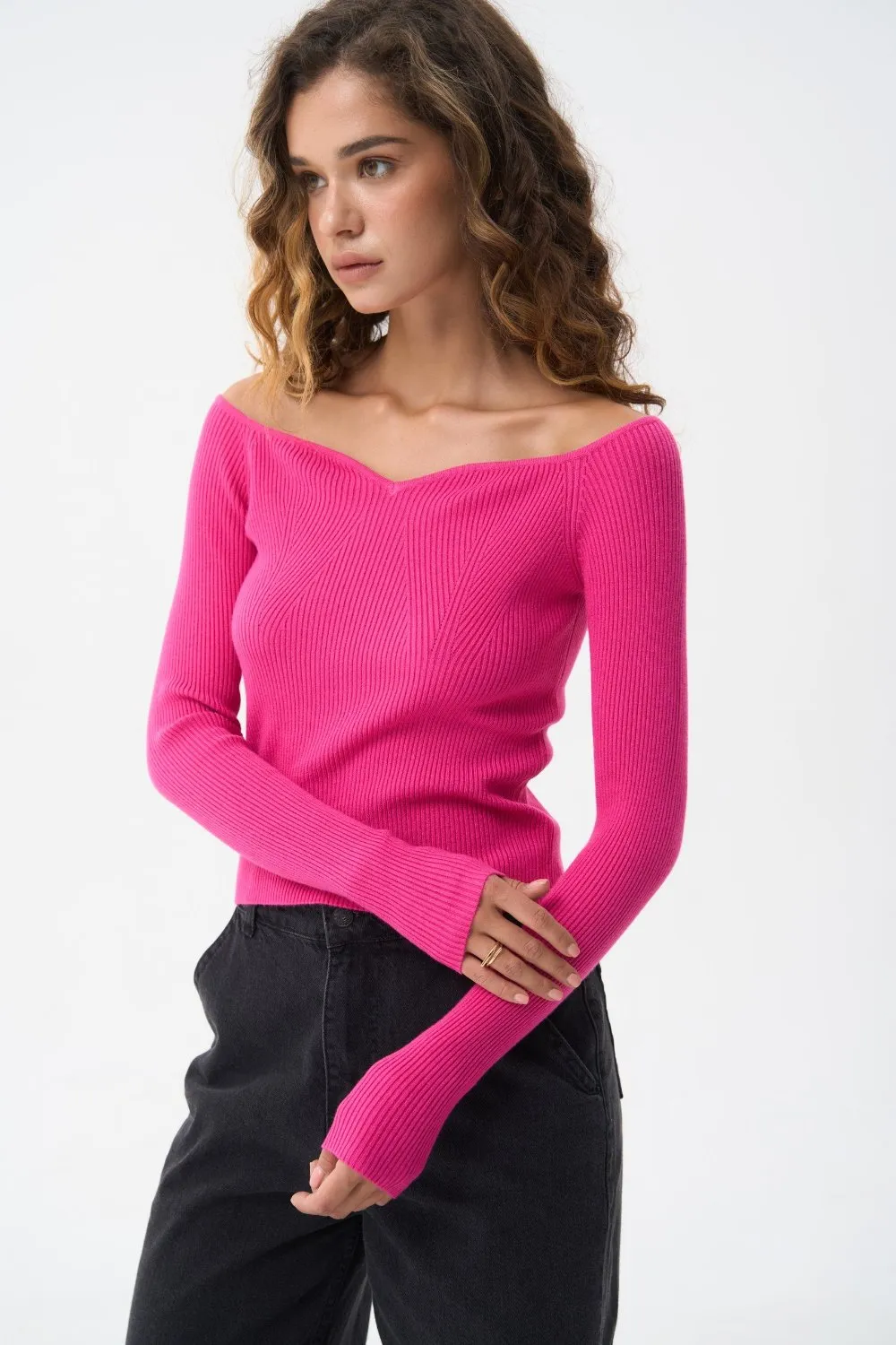 Magenta Pink Sweetheart Neckline Ribbed knit Sweater