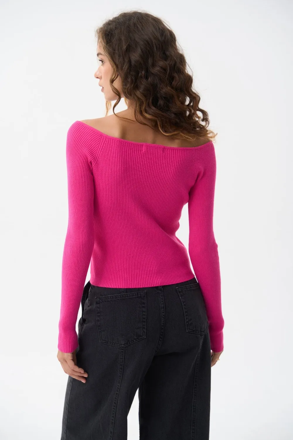 Magenta Pink Sweetheart Neckline Ribbed knit Sweater