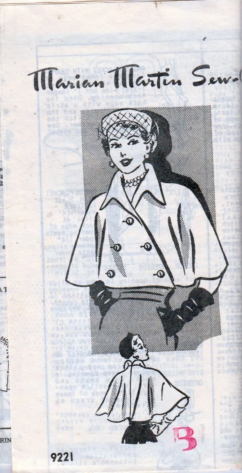 Marian Martin Mail Order Vintage 1950's Sewing Pattern Ladies Double Breasted Cape