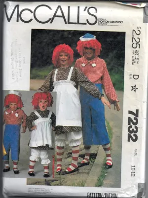 McCall's 7232 Raggedy Ann Andy Childs Halloween Costume Vintage 1980's Pattern