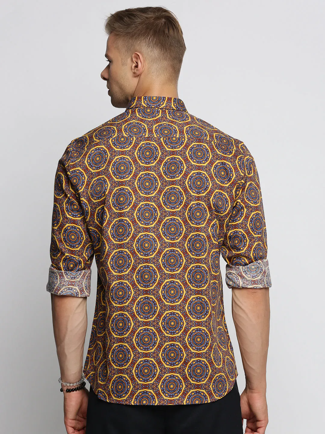 Men Brown Spread Collar Geometric Shirt