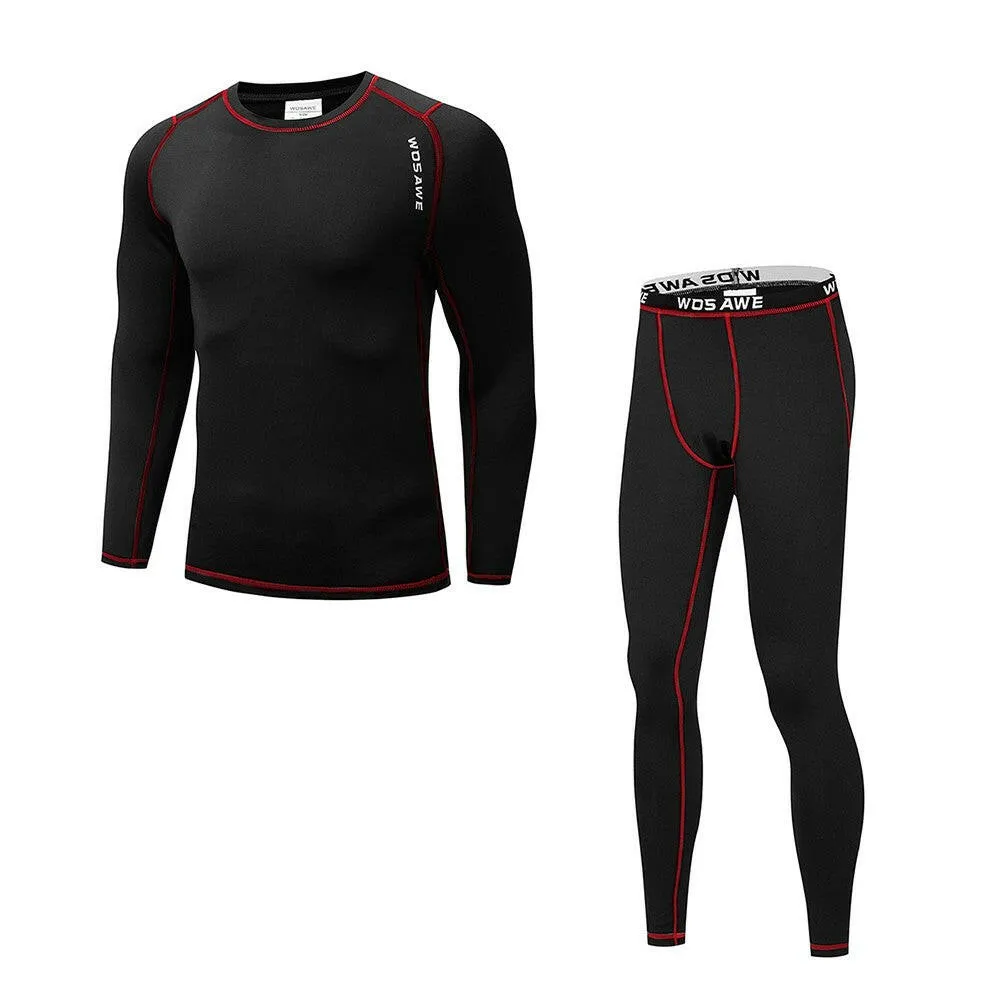 Men Long Sleeve Thermal Fleece Lined Compression Underwear Set Bicycle Jersey Base Layer Shirt and Pants Leggings for Cycling Running Jogging