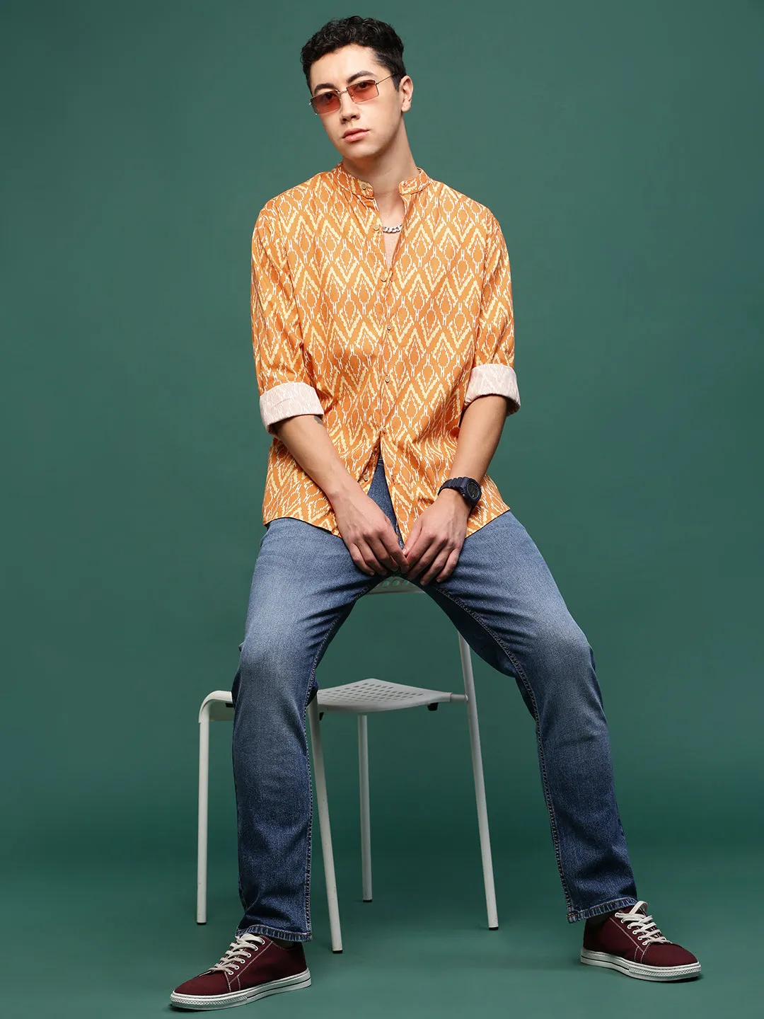 Men Orange Geometric Slim Fit Shirt