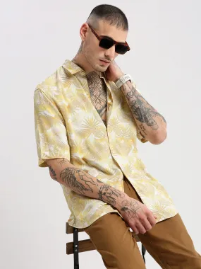 Men Spread Collar Floral Yellow Casual Shirt