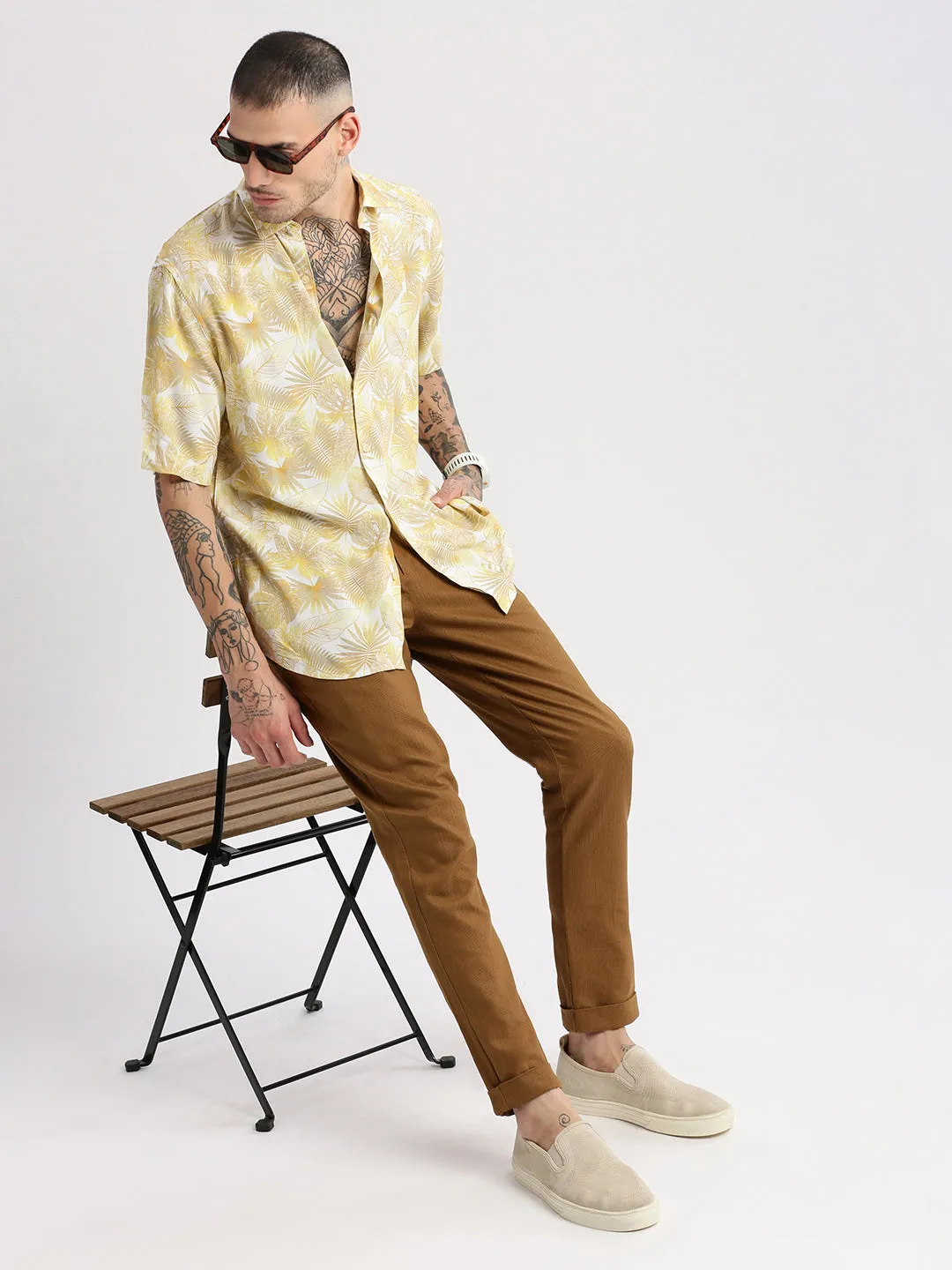 Men Spread Collar Floral Yellow Casual Shirt