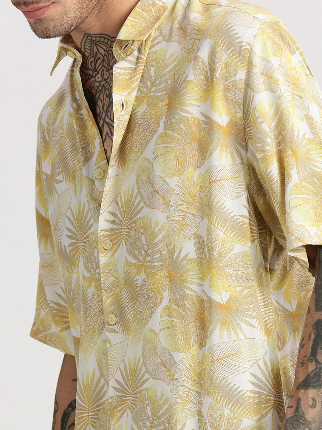 Men Spread Collar Floral Yellow Casual Shirt