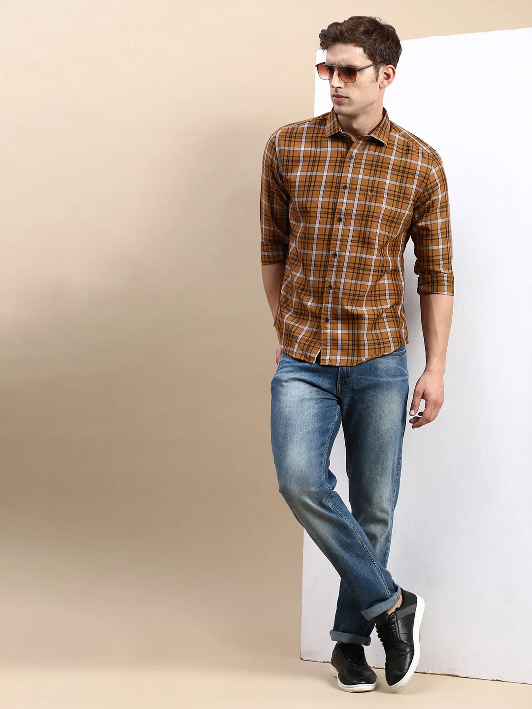 Men Yellow Checked Casual Shirt