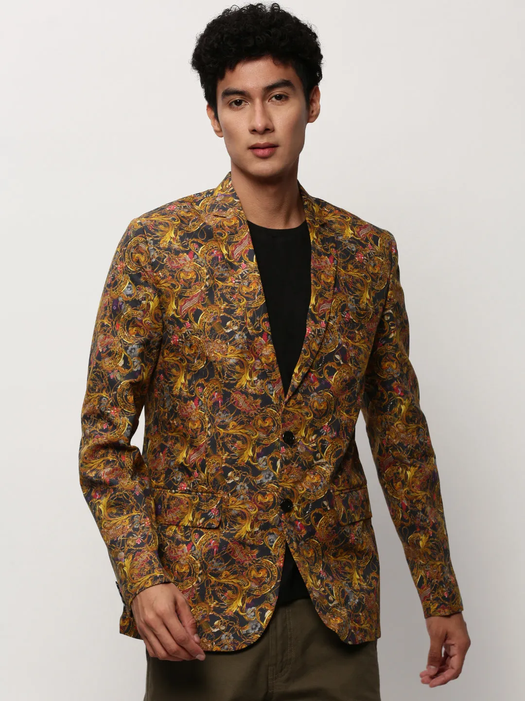 Men Yellow Printed Casual Blazers