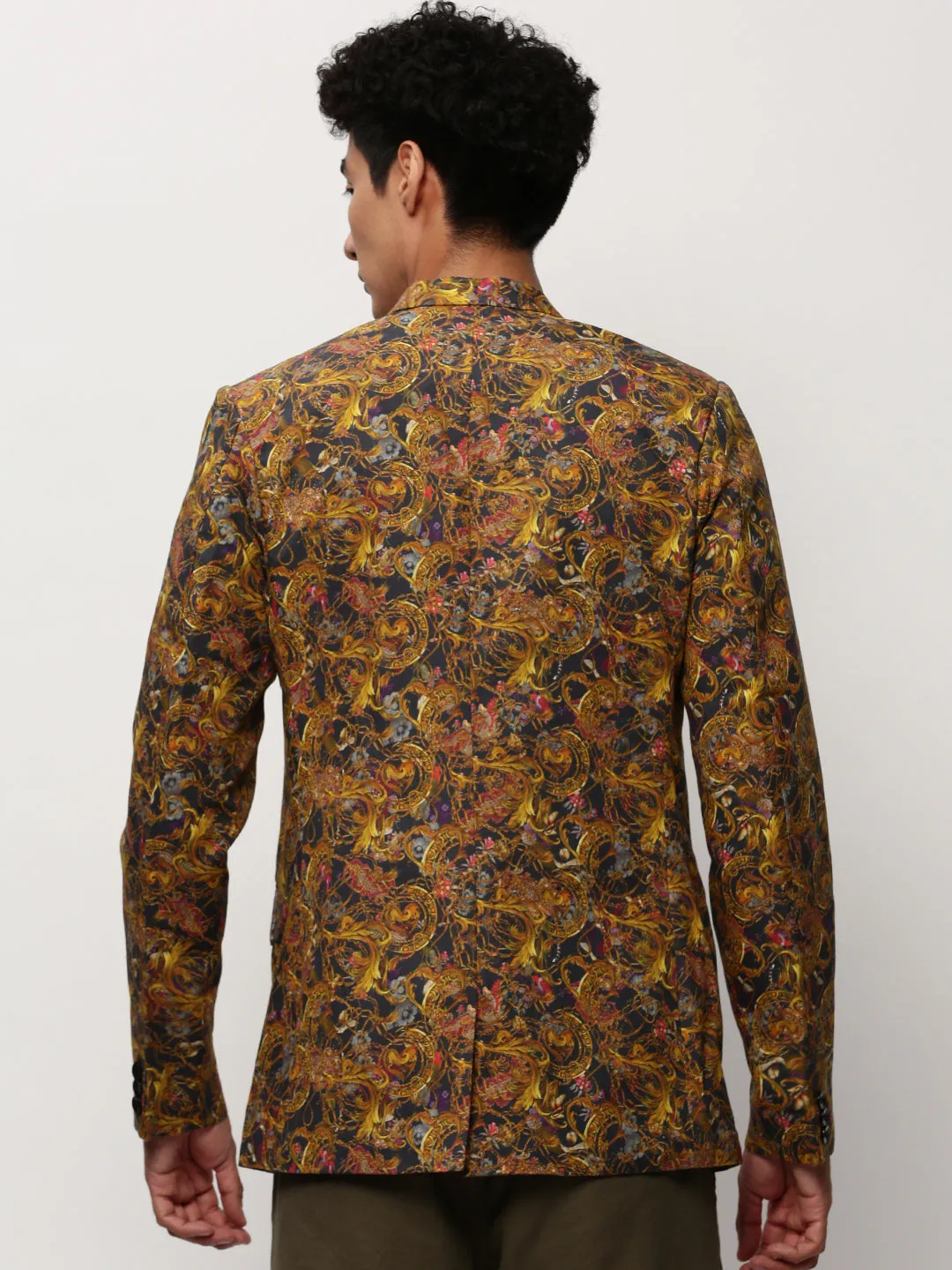 Men Yellow Printed Casual Blazers