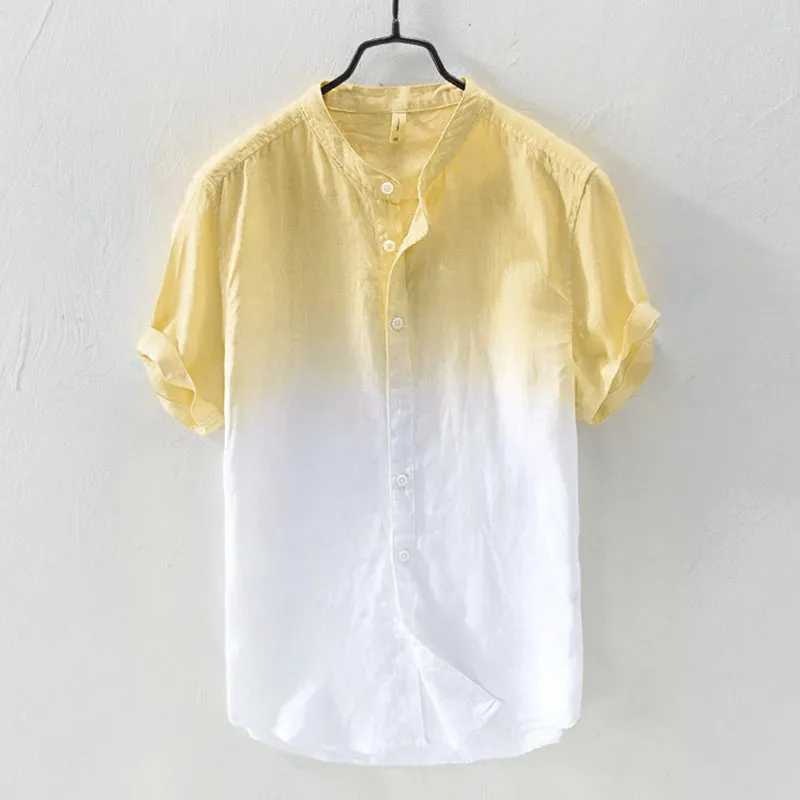 Men's Solid Color Thin Breathable Gradient Collar Cotton Linen Top