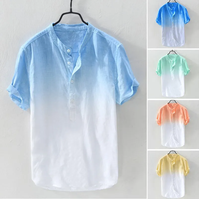 Men's Solid Color Thin Breathable Gradient Collar Cotton Linen Top