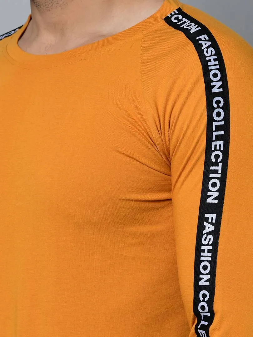 Men's Yellow Cotton Self Pattern Round Neck Tees