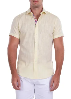 Men's Yellow Linen Short Sleeve Button-Up Shirt Modern-FIT Style No-202120