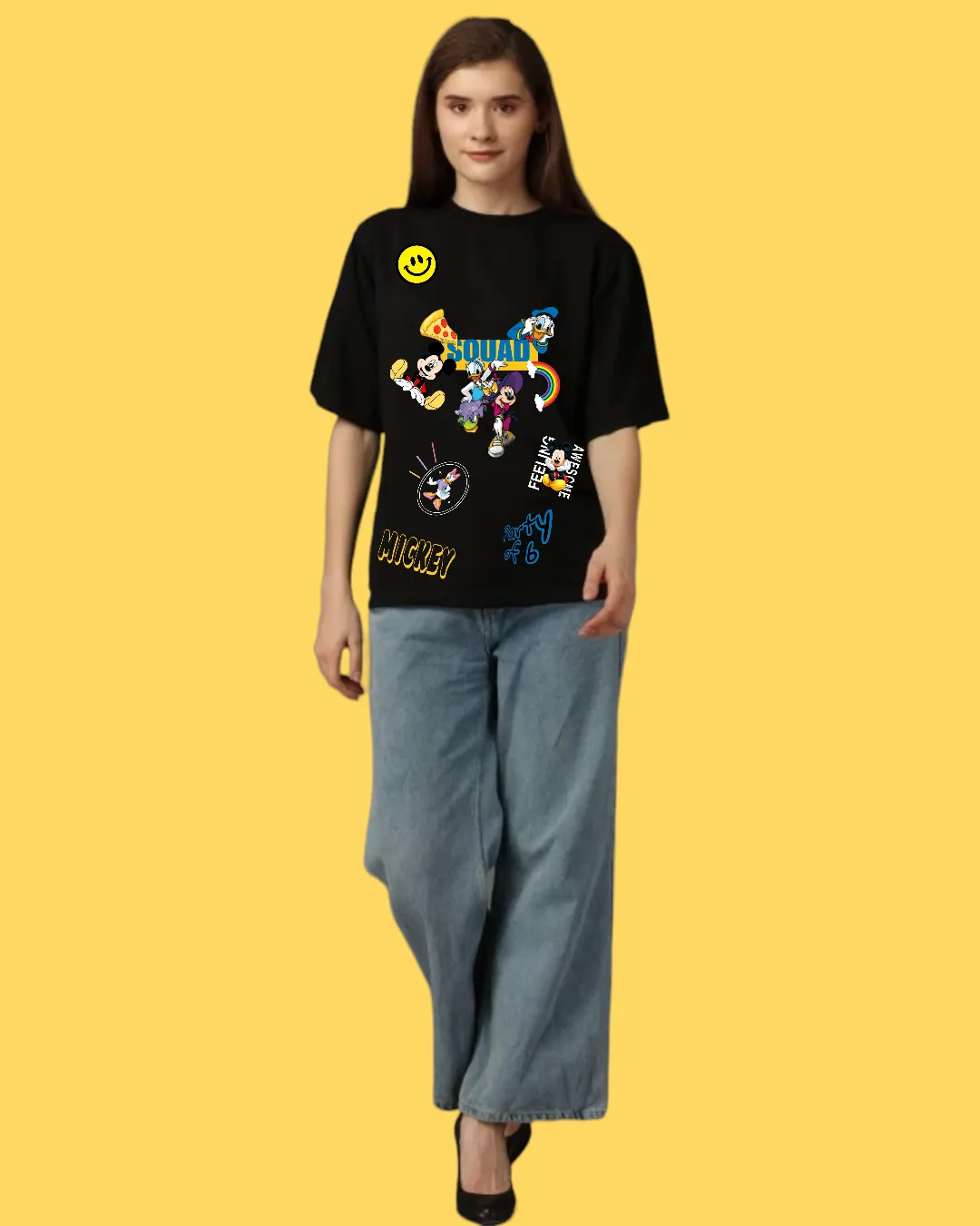 Mickey Printed Oversized  Women's Black T-shirt