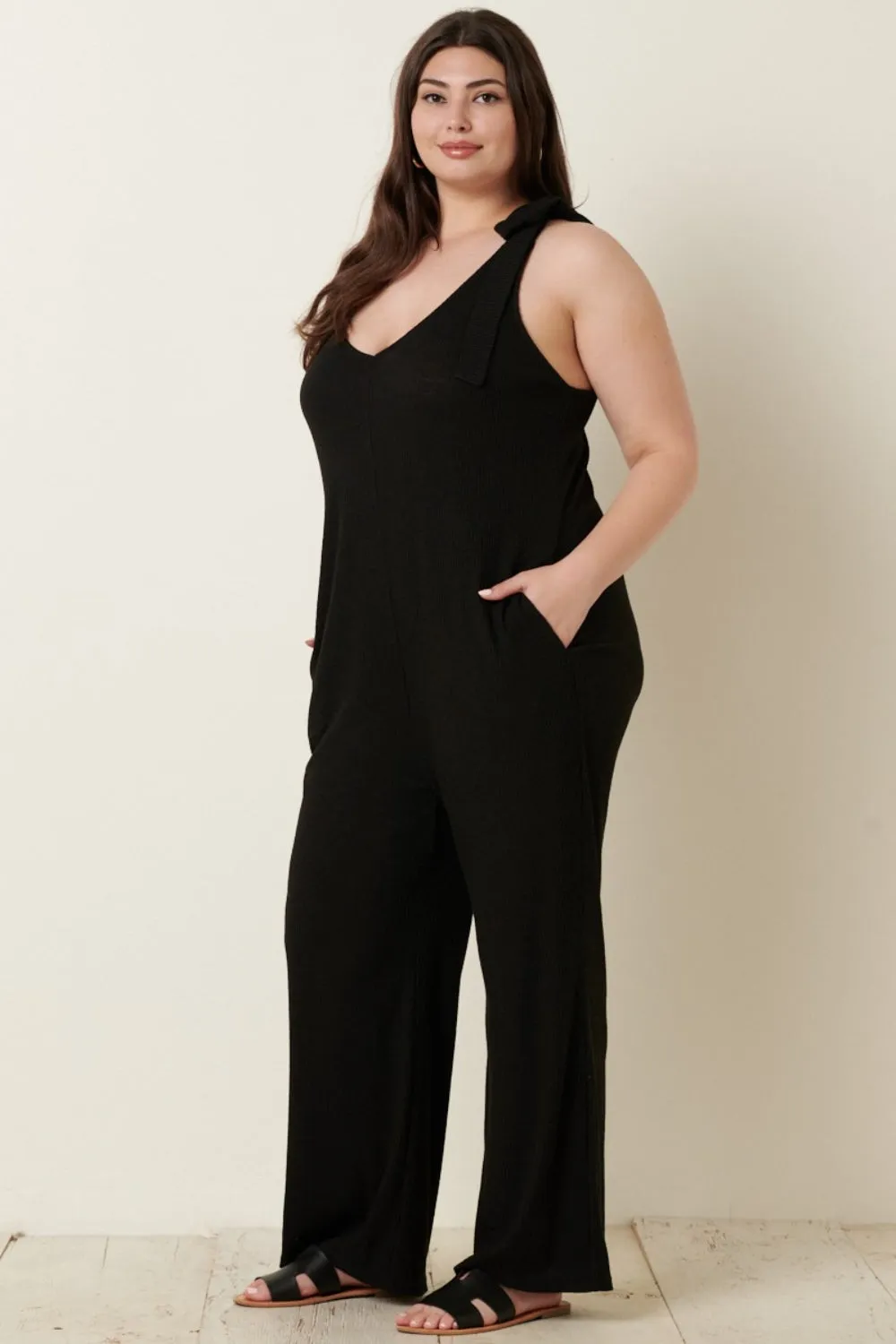 Mittoshop Rib Knit V-Neck Cross Back Jumpsuit