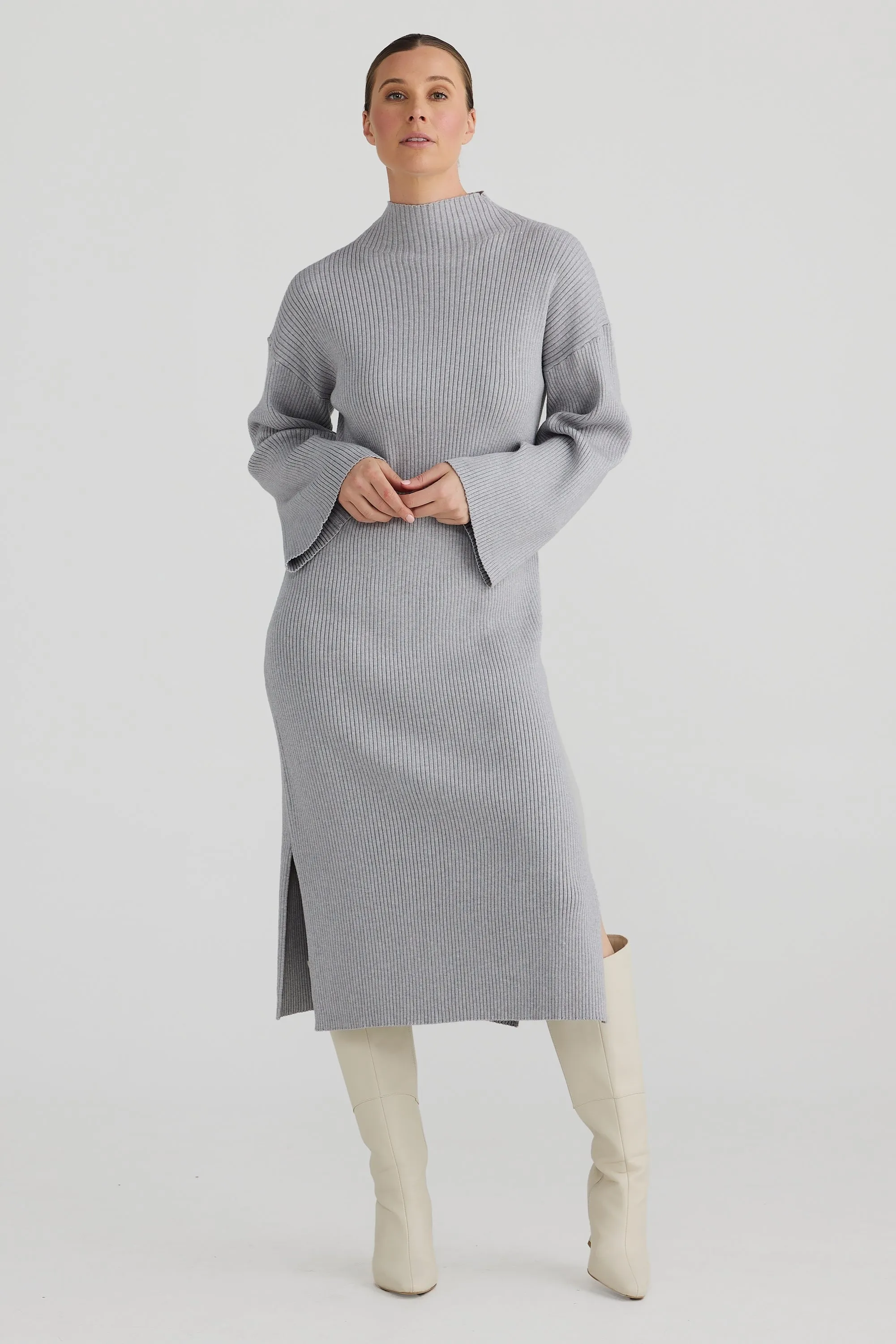 Mock Neck Knit Dress - Grey