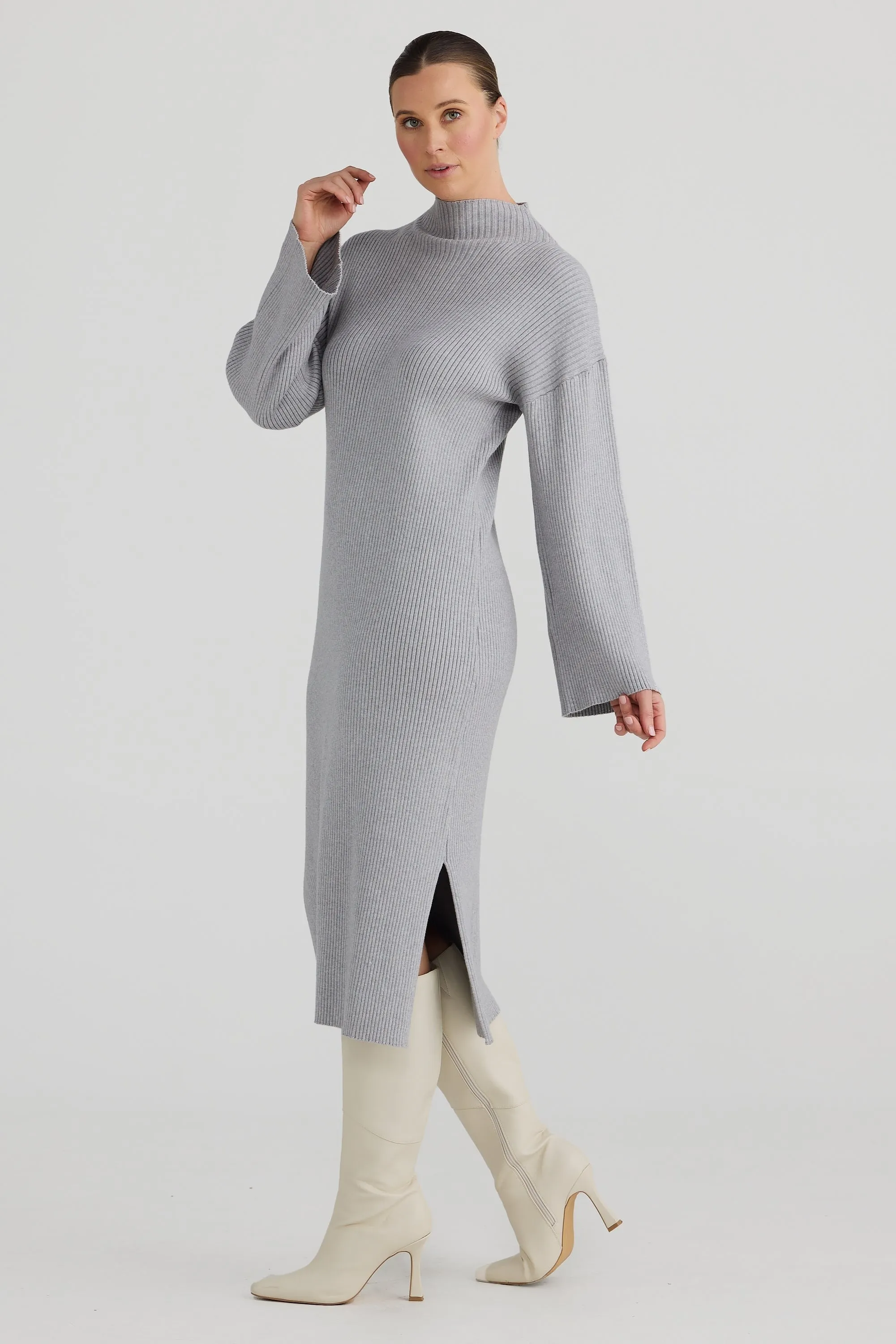 Mock Neck Knit Dress - Grey