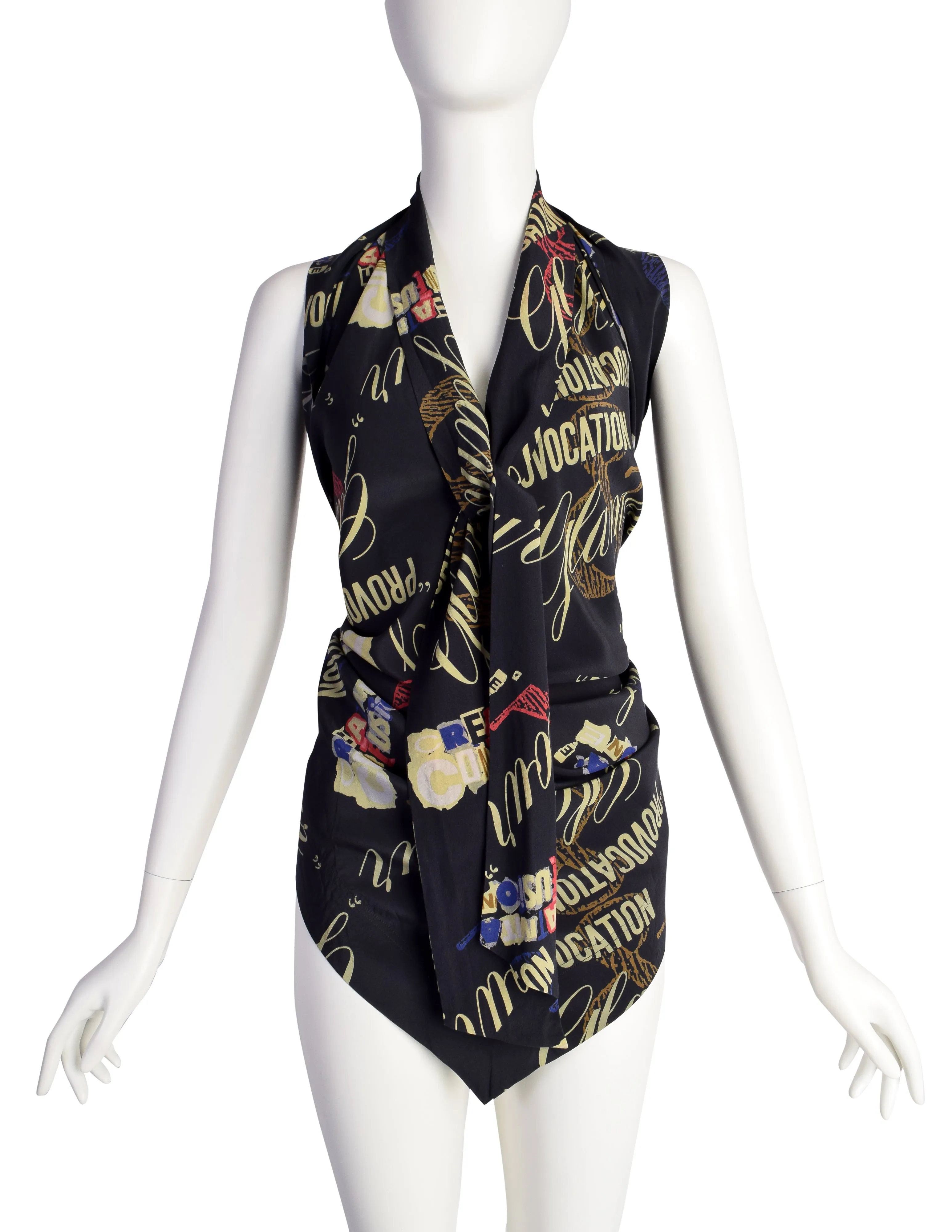 Moschino Vintage Provocation and Glamour Black Graphic Print Silk Scarf Top