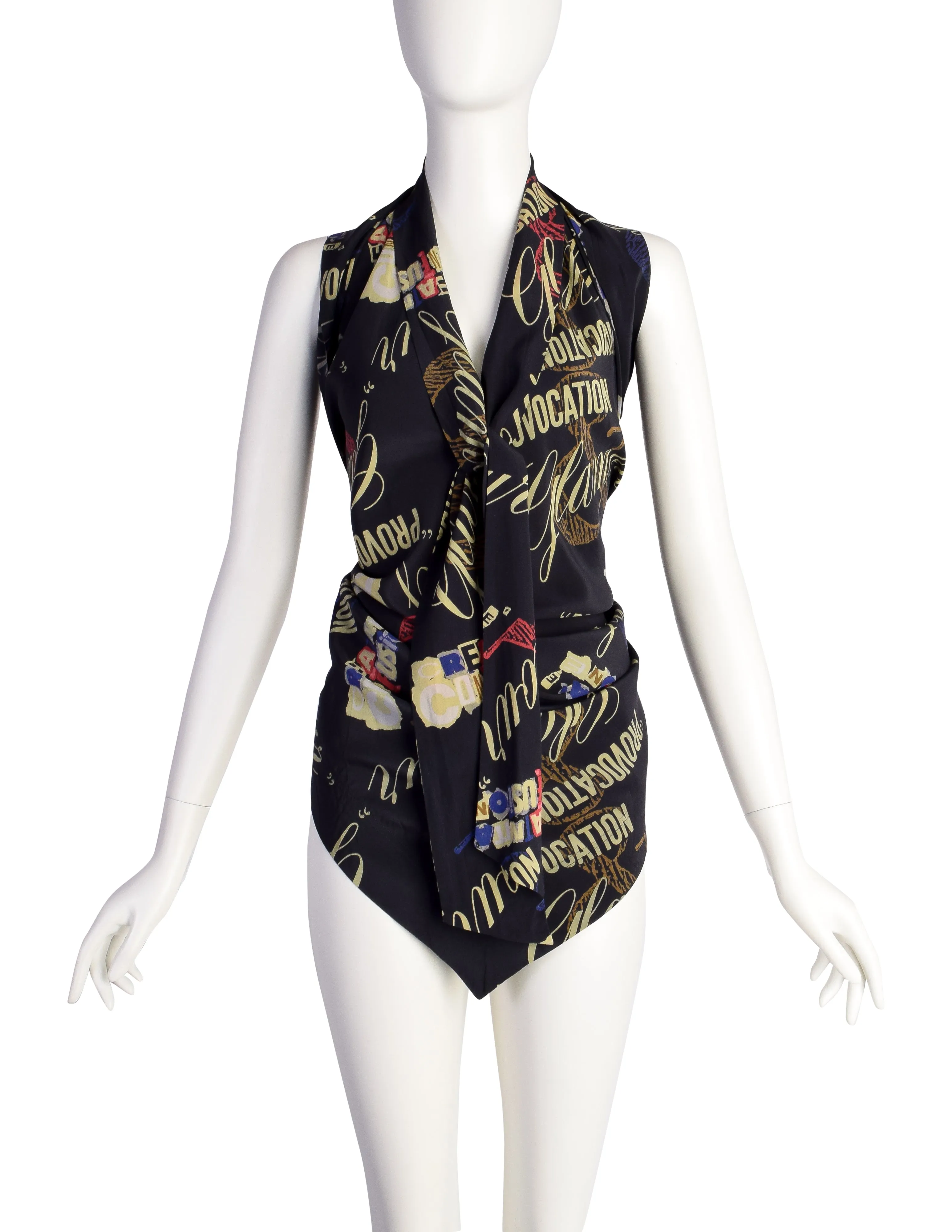 Moschino Vintage Provocation and Glamour Black Graphic Print Silk Scarf Top