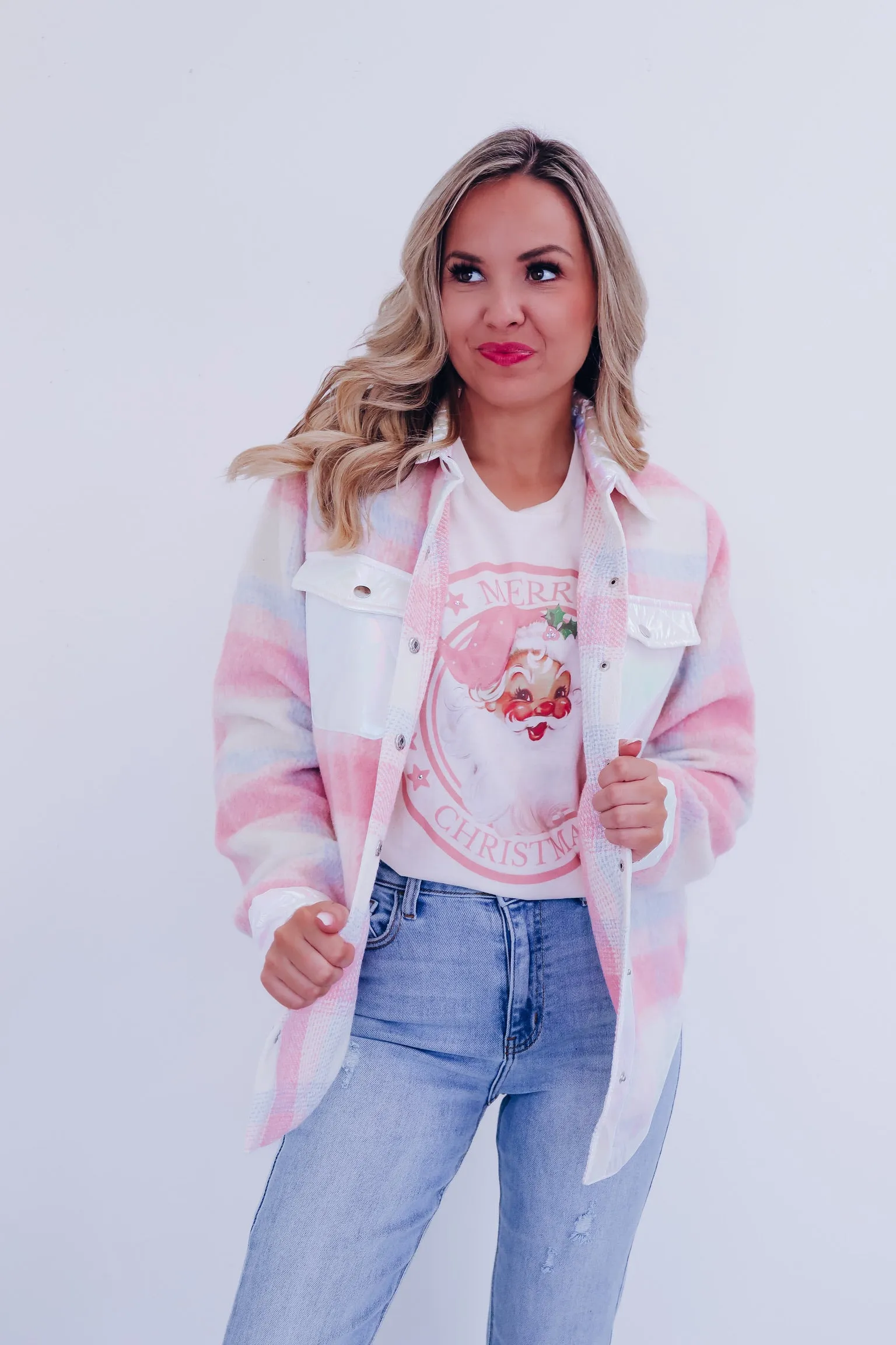 Mystic Metallic Plaid  Shacket - Pink