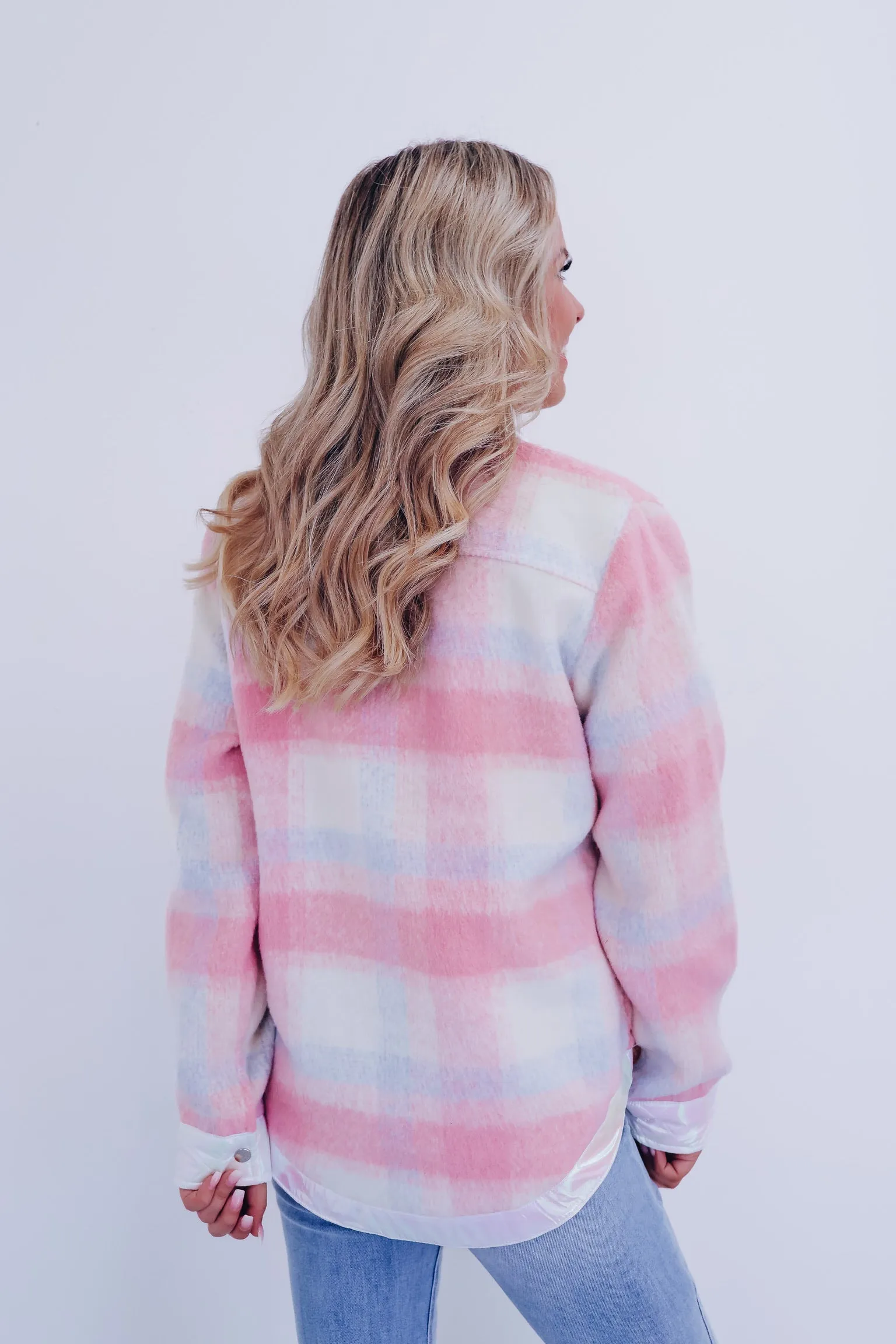 Mystic Metallic Plaid  Shacket - Pink