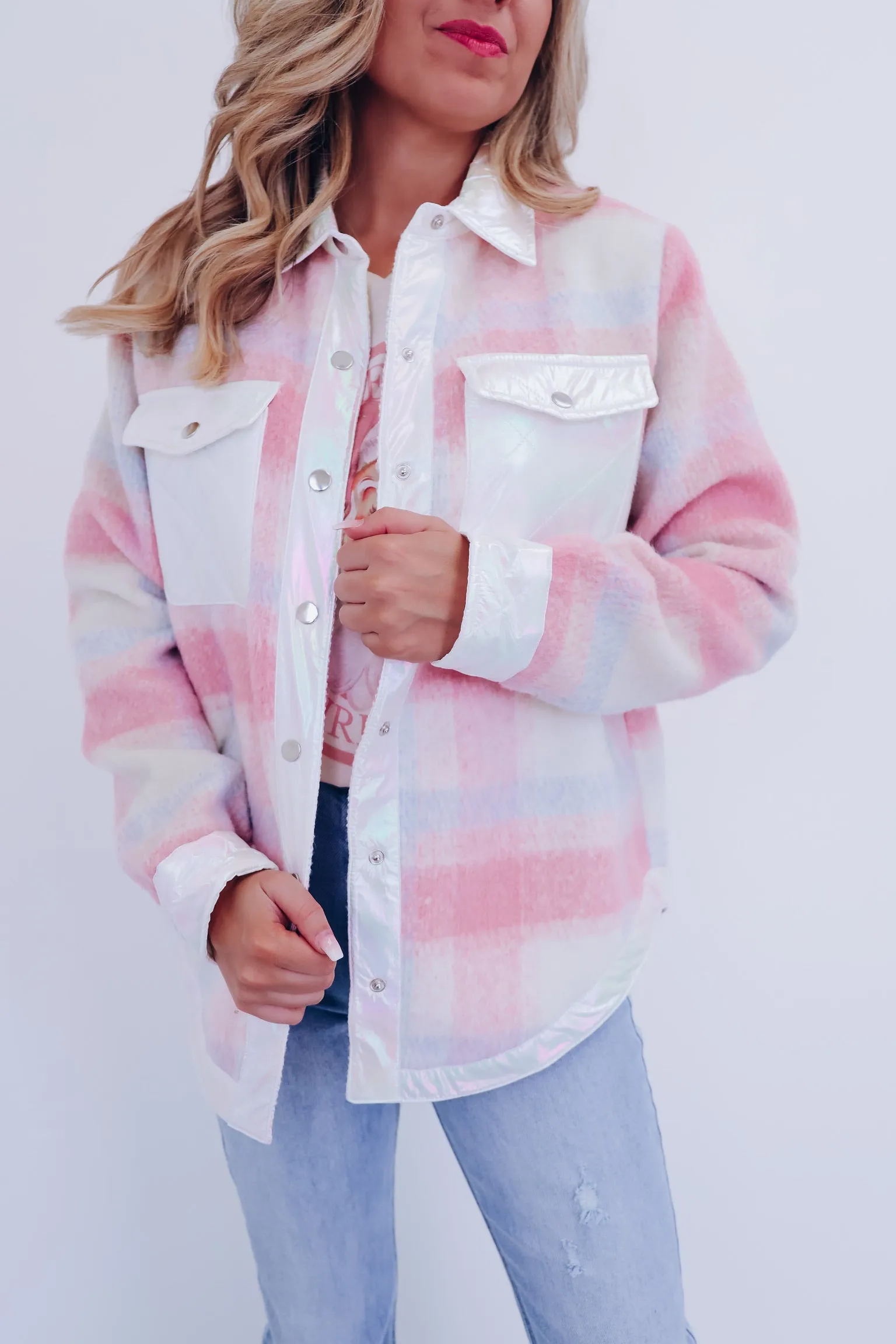 Mystic Metallic Plaid  Shacket - Pink