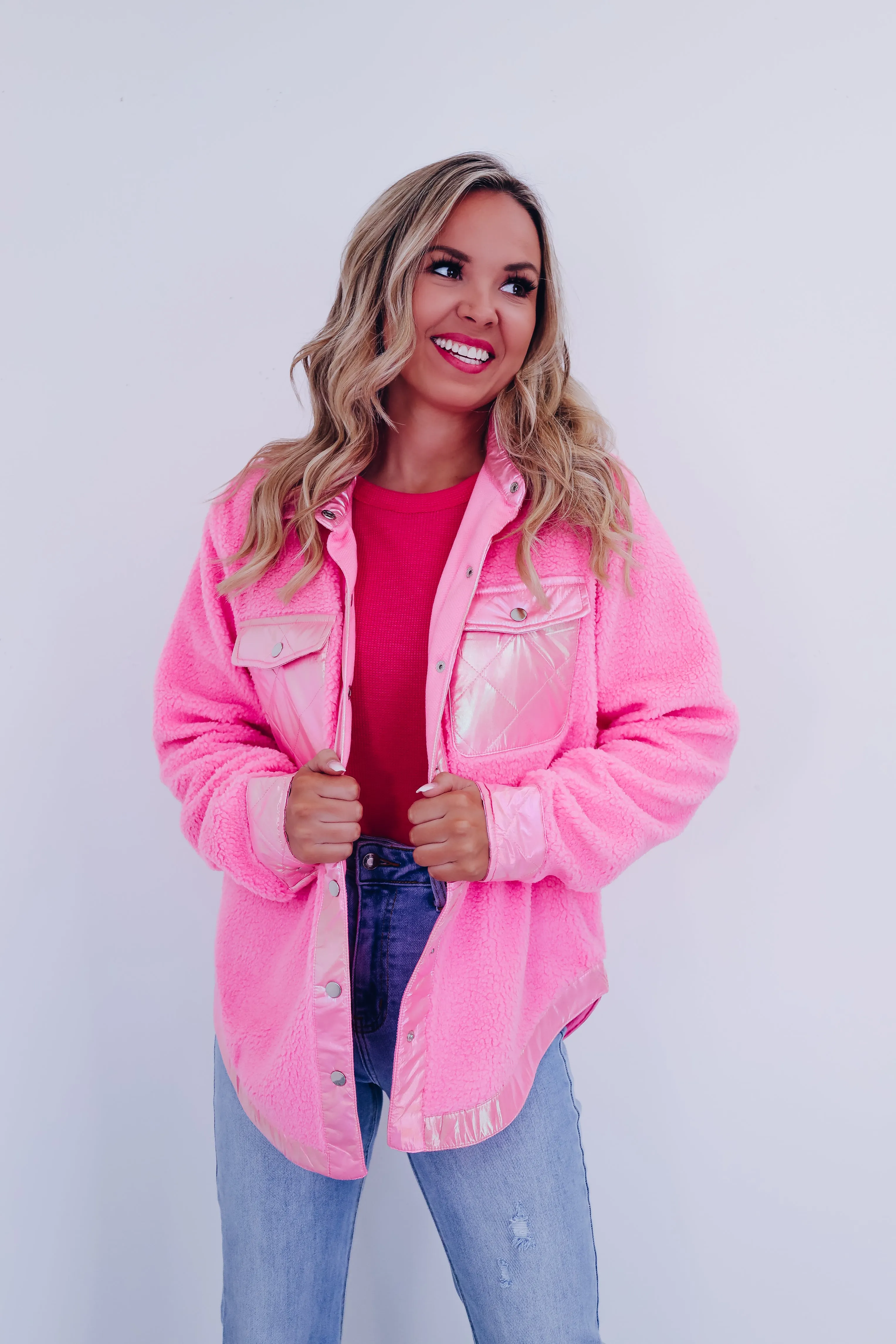 Mystic Metallic Sherpa  Shacket - Pink