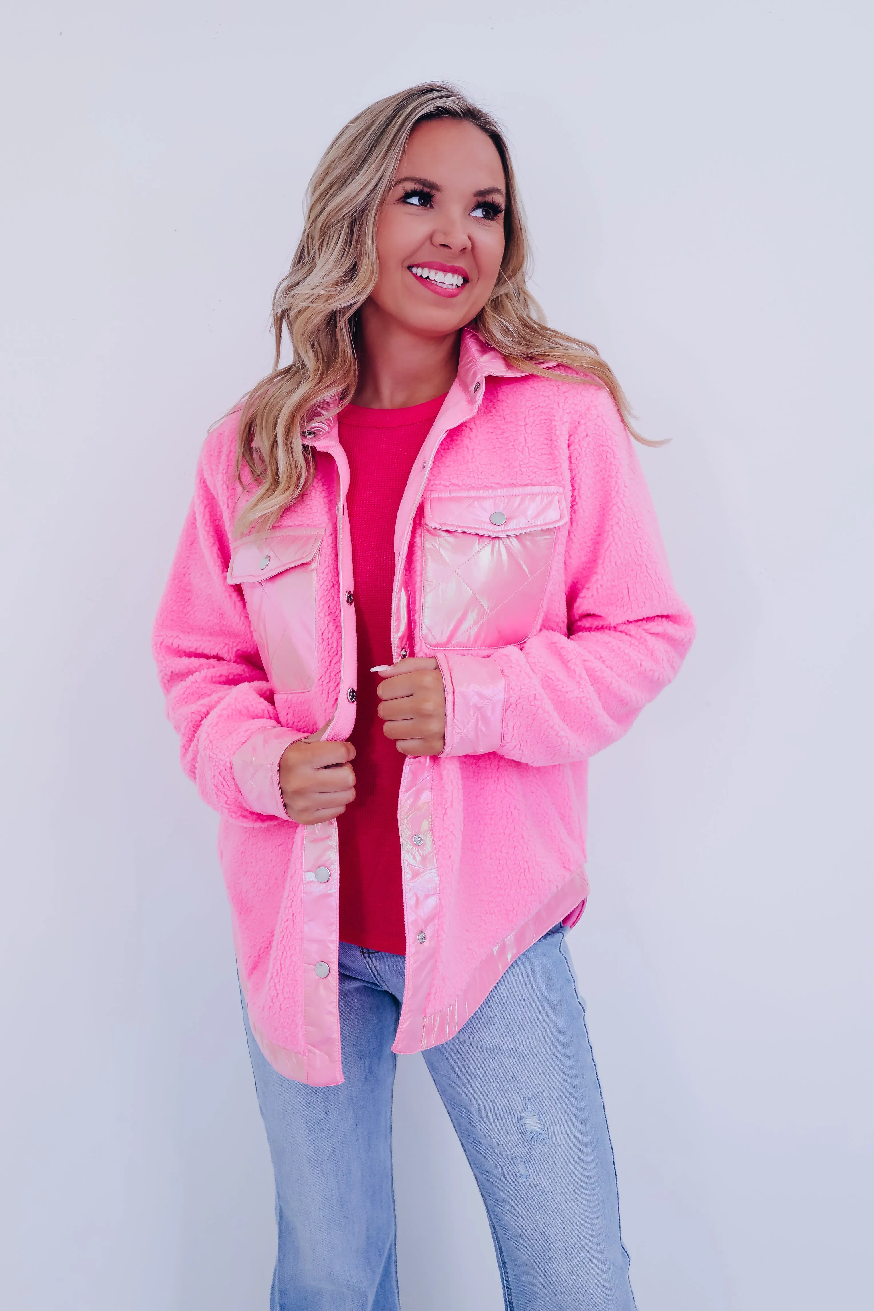 Mystic Metallic Sherpa  Shacket - Pink