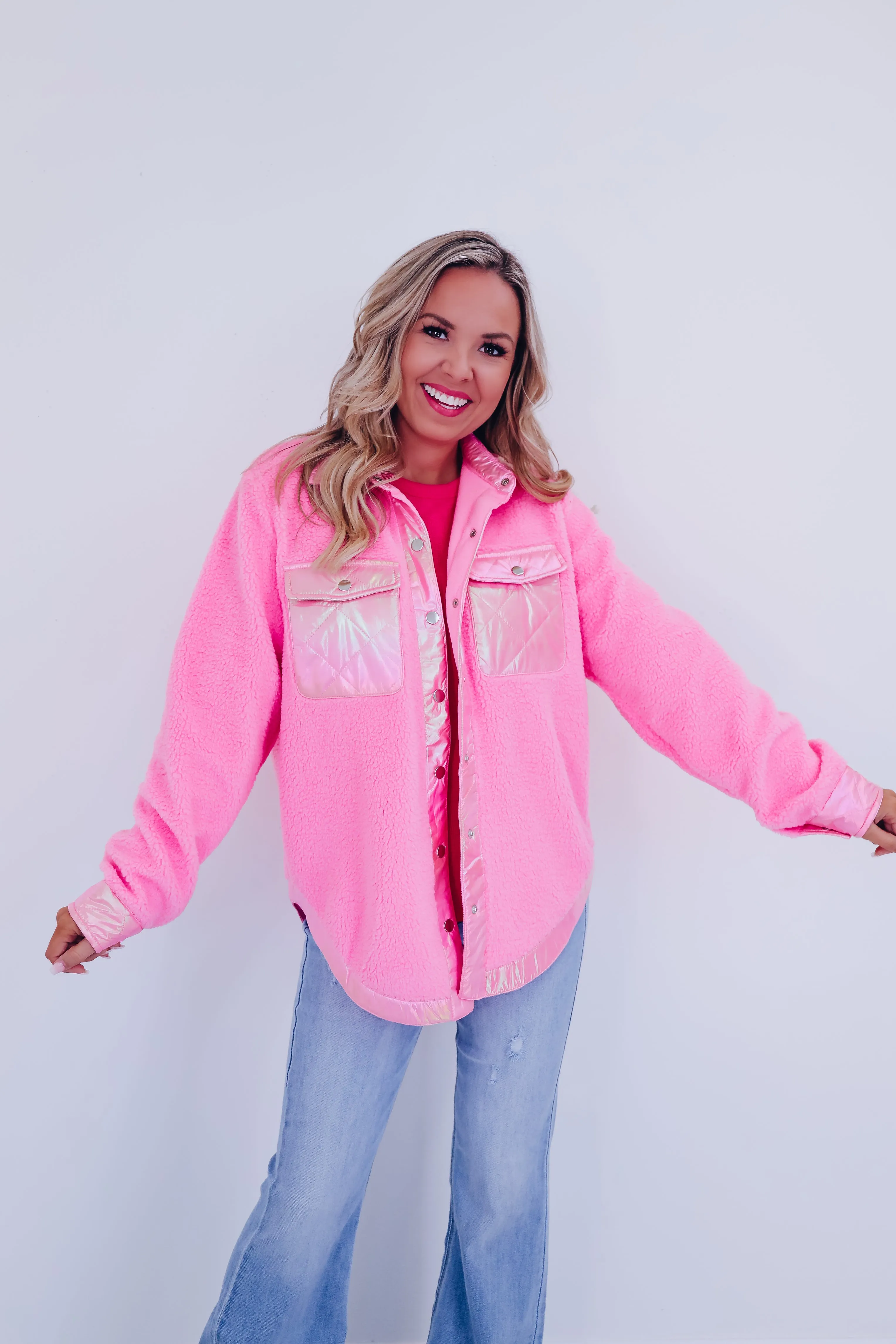 Mystic Metallic Sherpa  Shacket - Pink