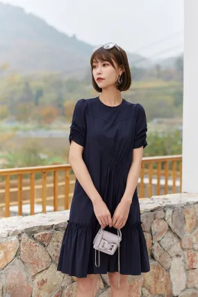 Navy Blue A Shape Puff Sleeve Midi Dress