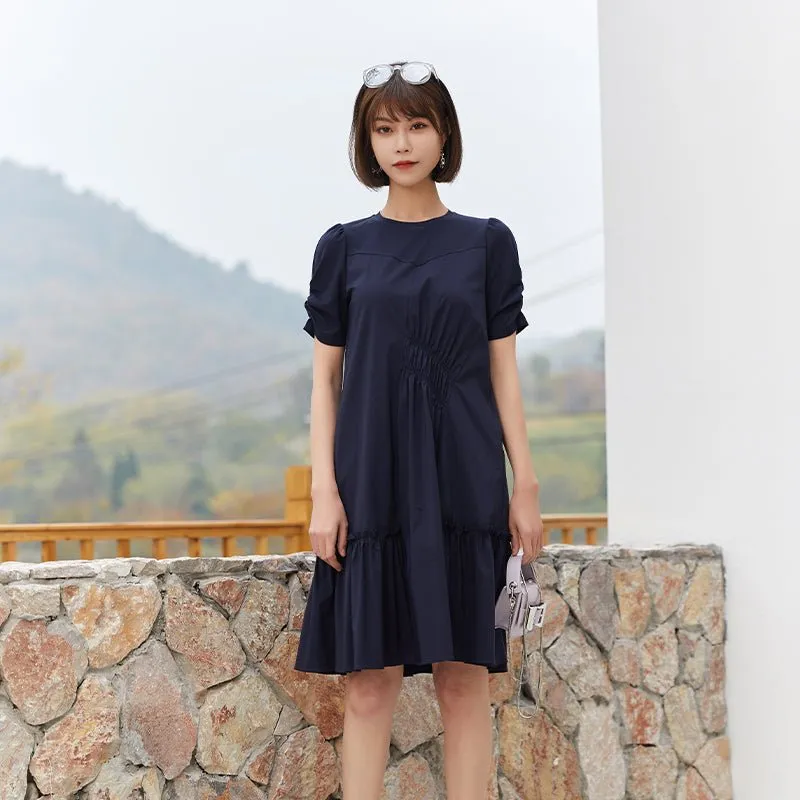 Navy Blue A Shape Puff Sleeve Midi Dress