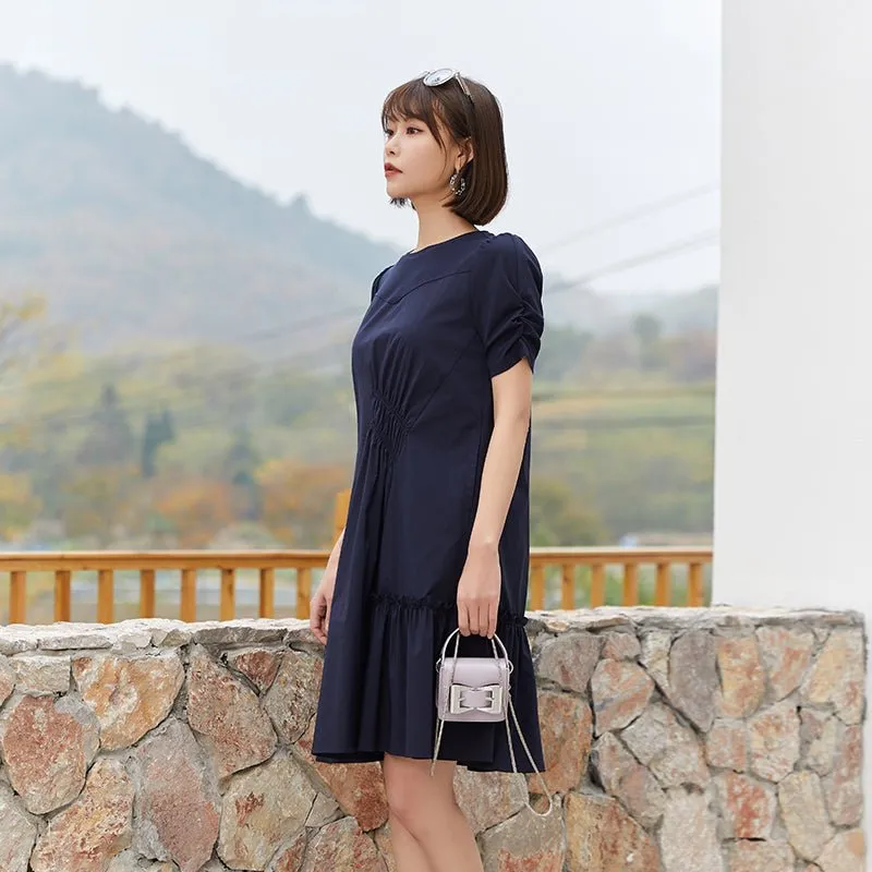 Navy Blue A Shape Puff Sleeve Midi Dress