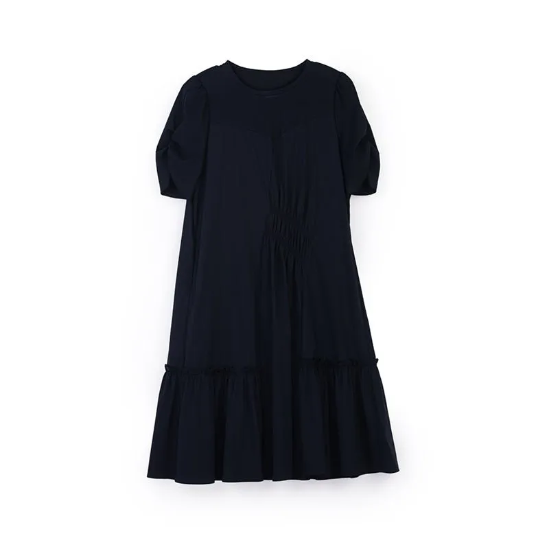 Navy Blue A Shape Puff Sleeve Midi Dress