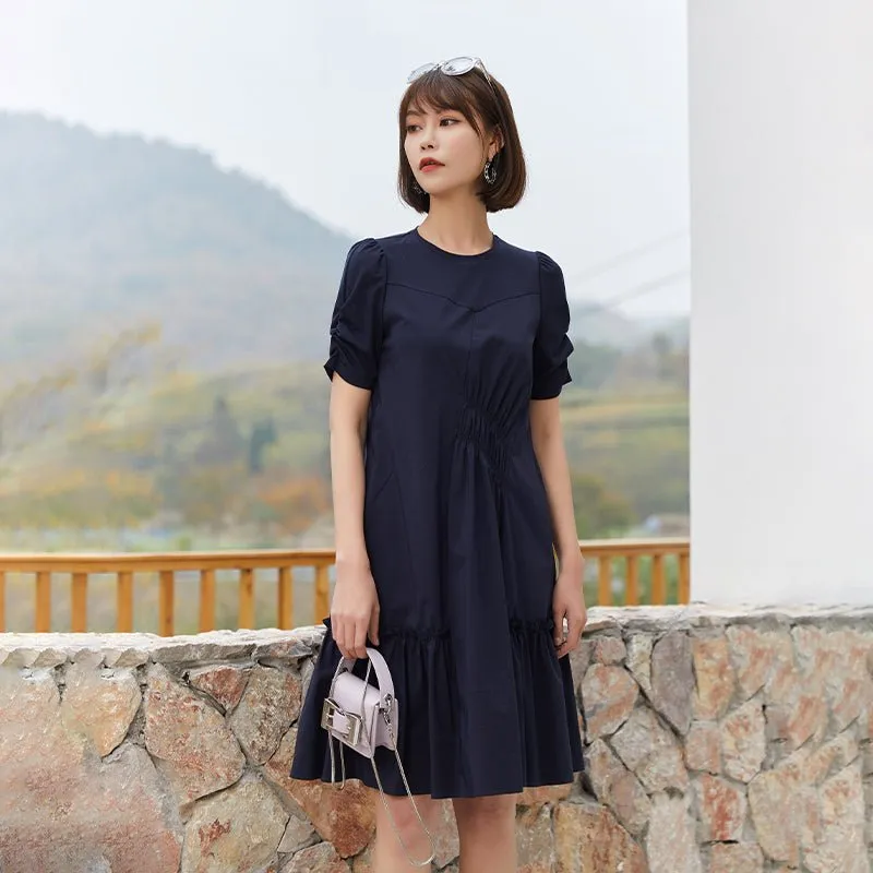 Navy Blue A Shape Puff Sleeve Midi Dress