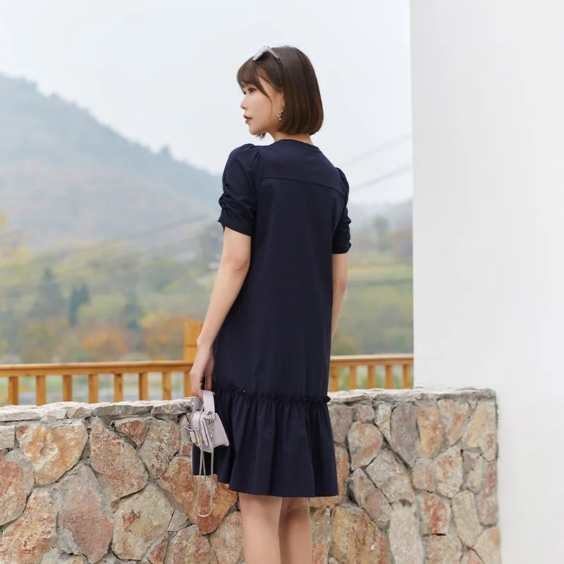 Navy Blue A Shape Puff Sleeve Midi Dress