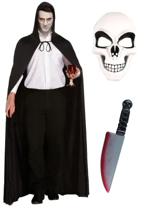 Nightmare Unleashed Costume Set: Long Black Cape, Hood, White Skeleton Mask, and Fake Bloodied Knife