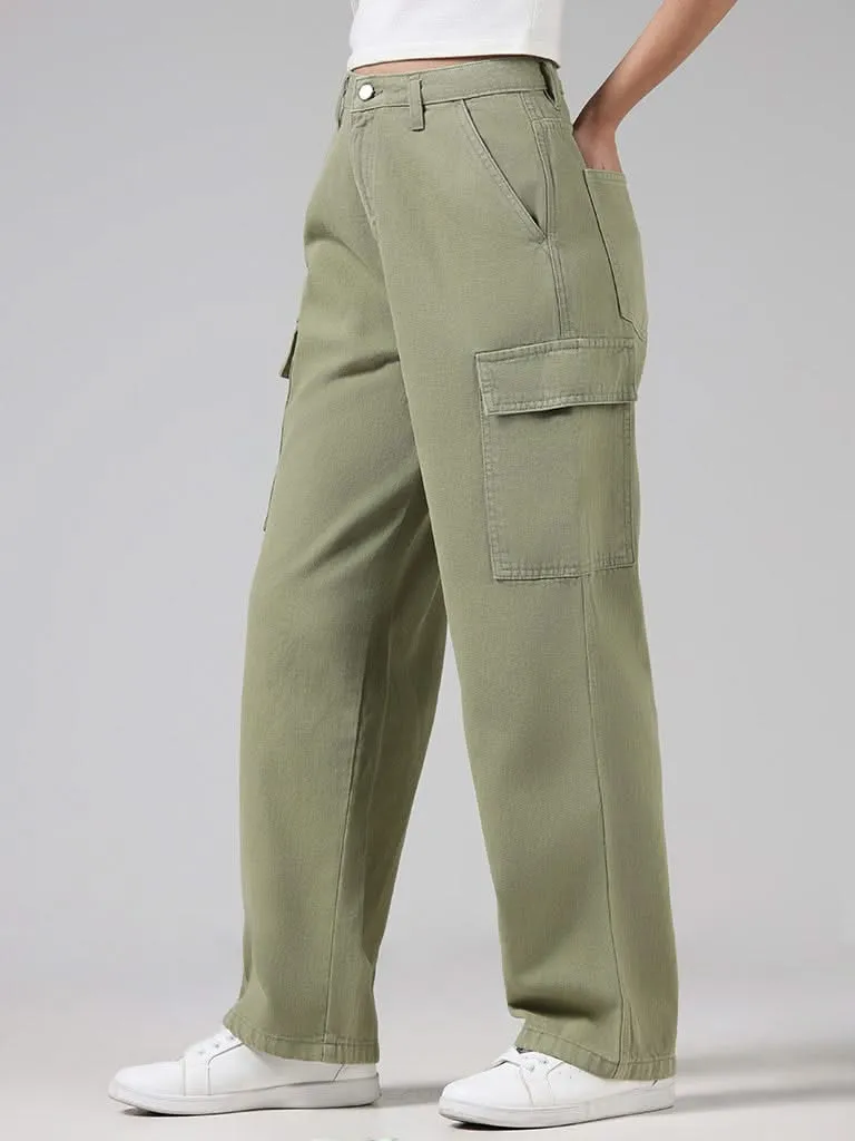 Nuon Solid Sage Green High-Rise Denim Cargo Relaxed Fit Pants