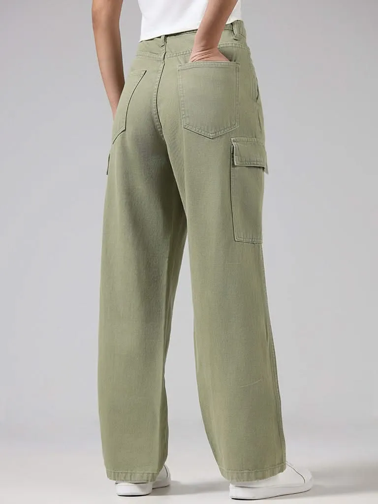 Nuon Solid Sage Green High-Rise Denim Cargo Relaxed Fit Pants