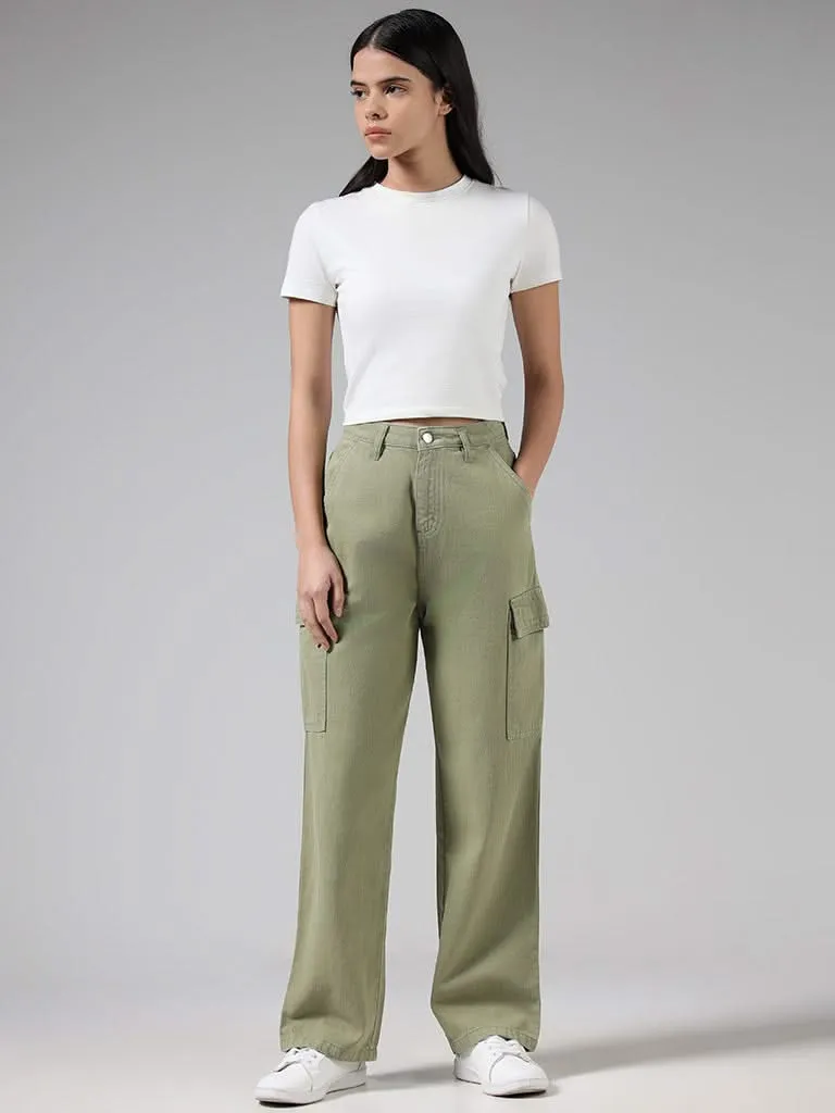 Nuon Solid Sage Green High-Rise Denim Cargo Relaxed Fit Pants