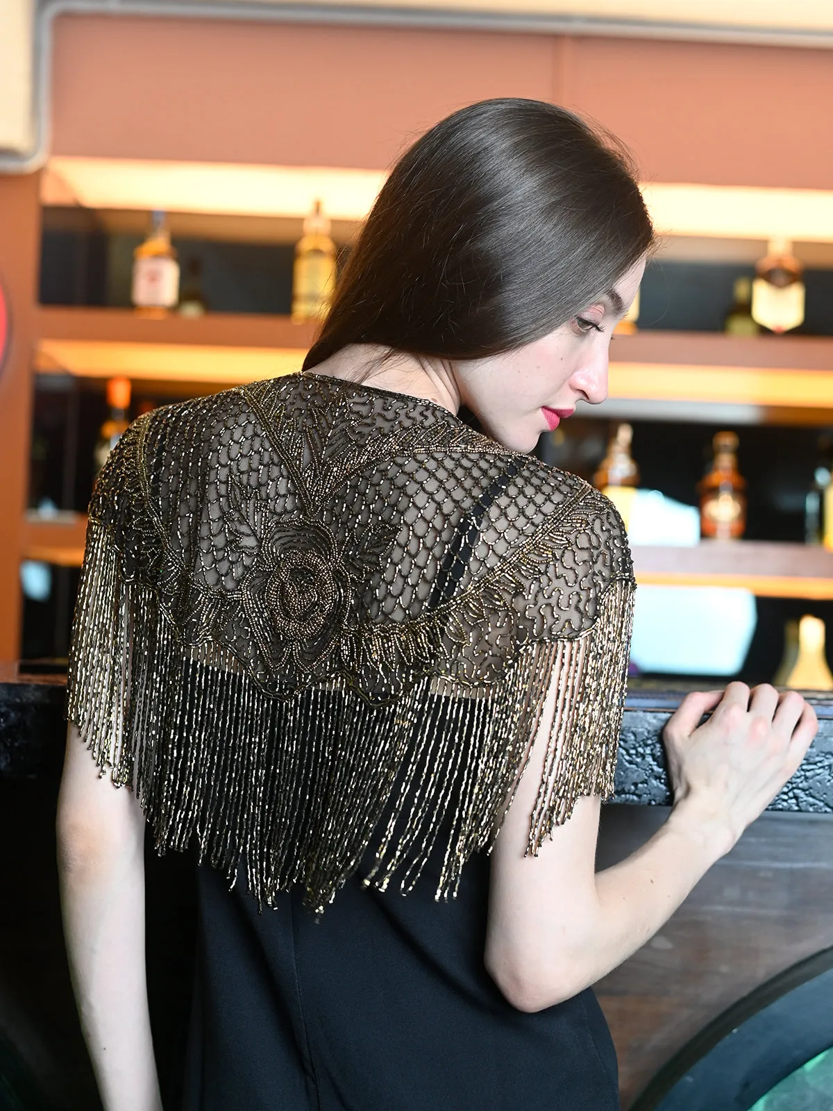 Odette Black And Gold Net Embroidered Cape For Women