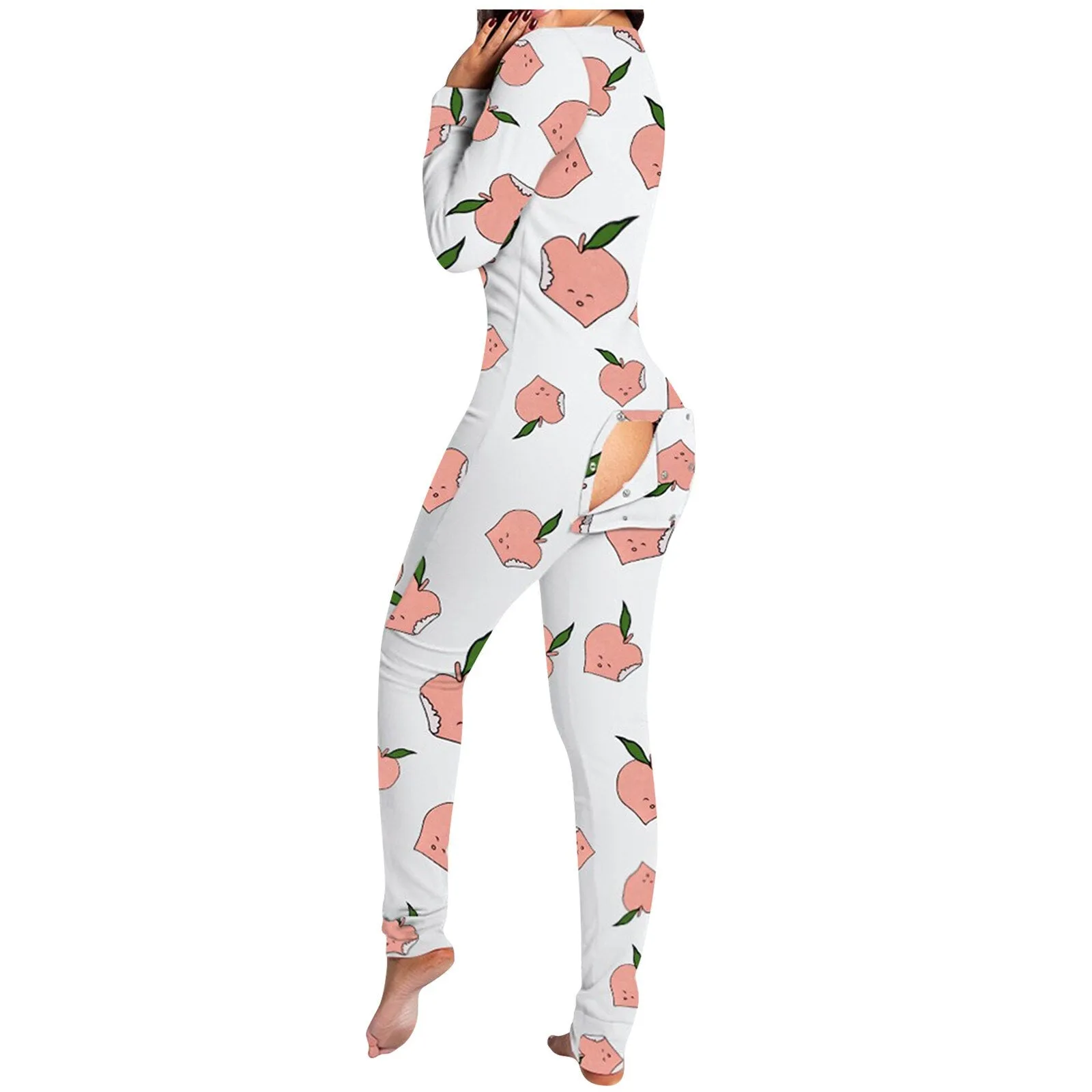 Onesies Print Jumpsuit Women Casual Long Sleeve Button-down Front Functional Buttoned Flap Adults Playsuit Pajamas