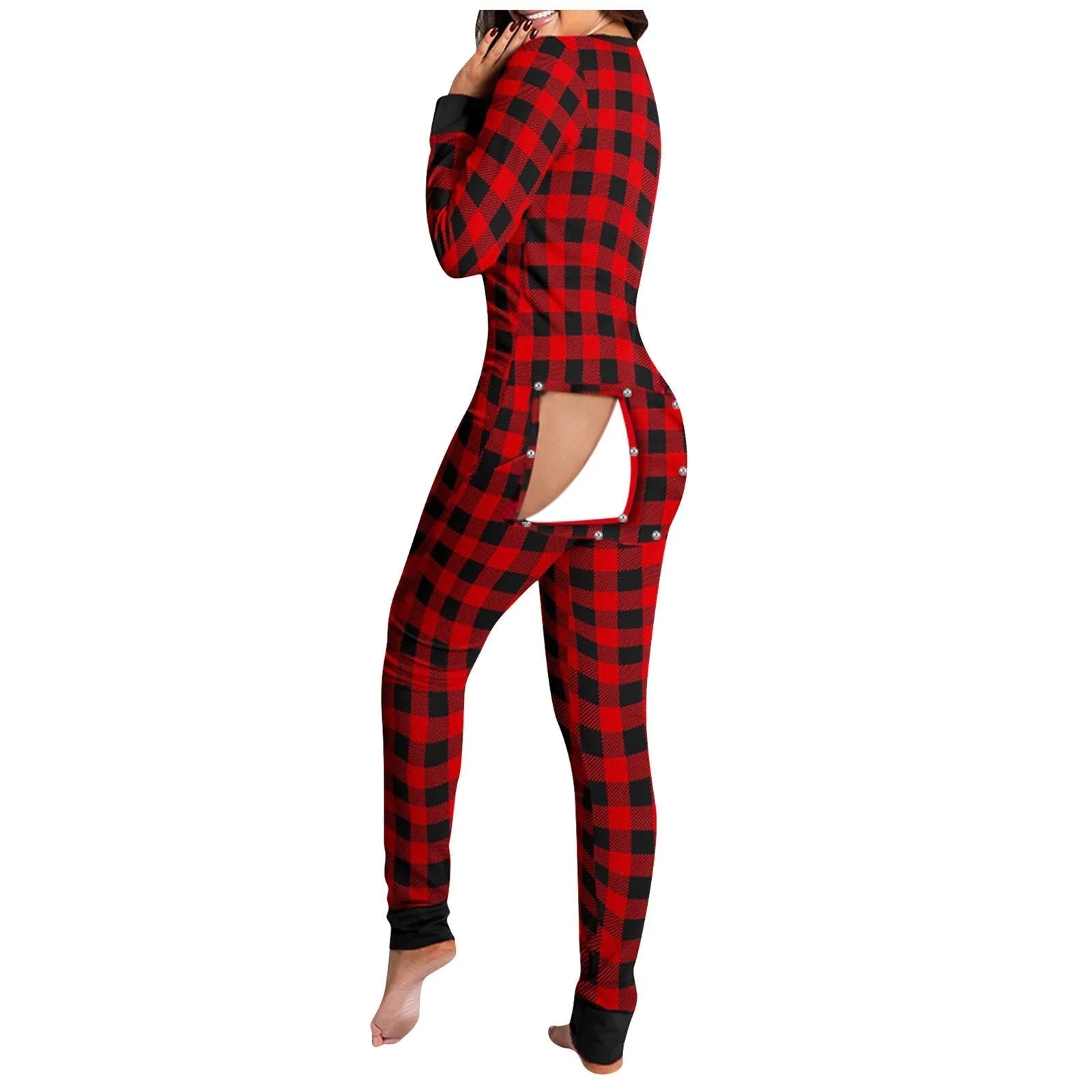 Onesies Print Jumpsuit Women Casual Long Sleeve Button-down Front Functional Buttoned Flap Adults Playsuit Pajamas